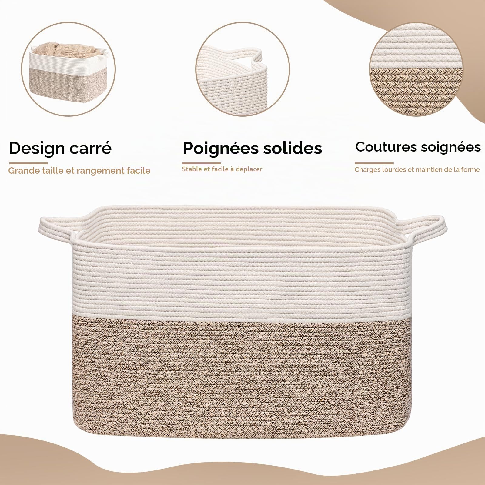TIMEYARD Panier à linge rectangulaire - 85 l - Panier de rangement pour jouets de bébé - Panier de rangement pour couvertures, coussins, serviettes d'invités - Blanc et marron
