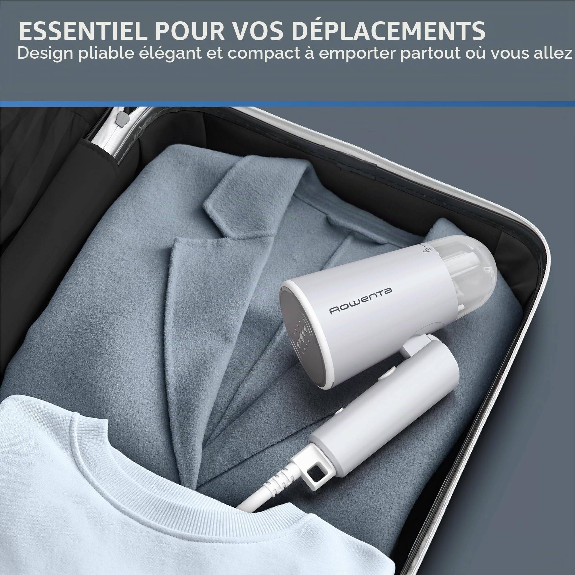 Rowenta, Défroisseur à vapeur à main de voyage, capacité de réservoir de 500 ml, pliable, facile à vapeur, 1100 W, fer à repasser, défroisseur à vapeur gris, essentiels pour les vacances,