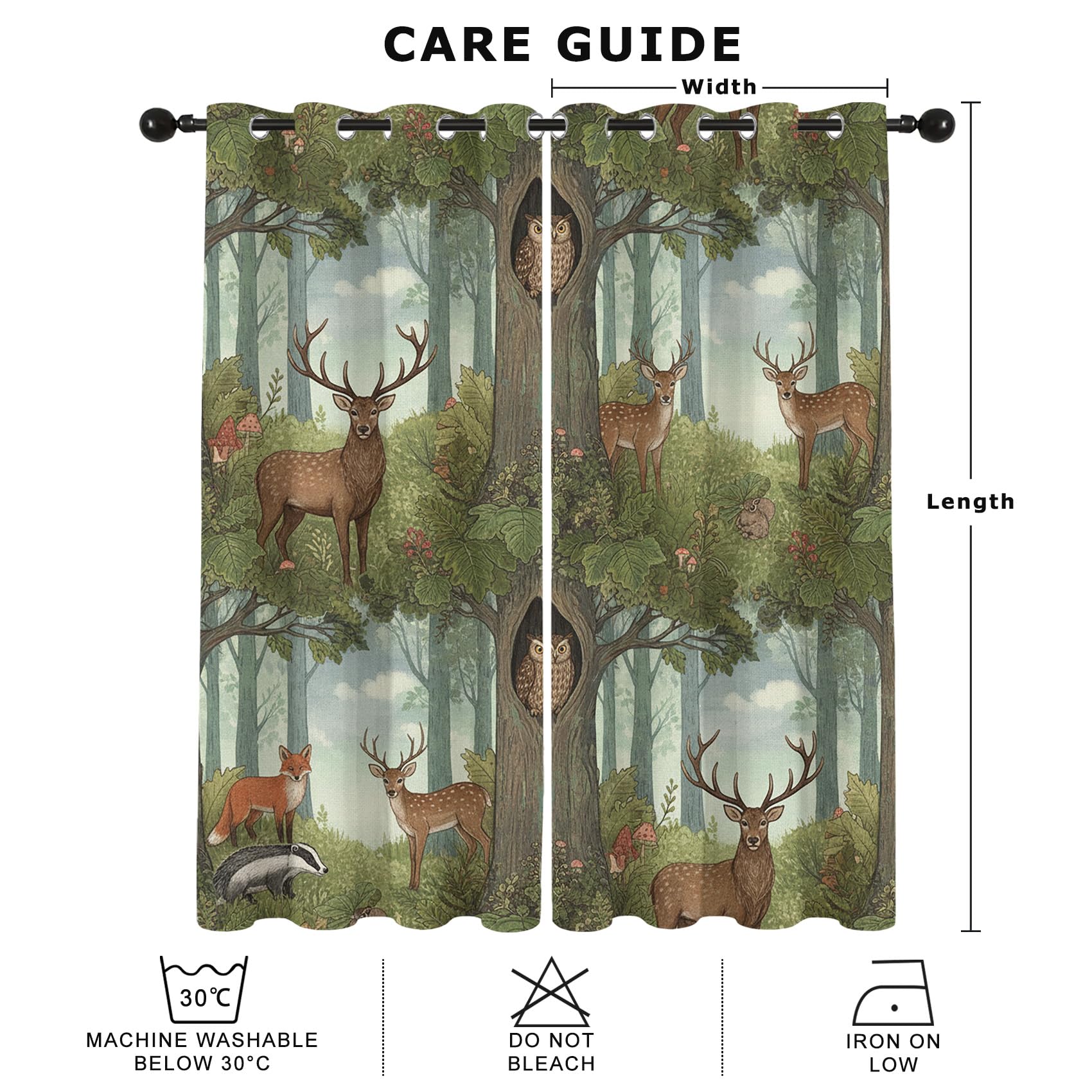 Waldtiere Vorhänge Blickdicht Wohnzimmer Hirsch REH Fuchs Kinderzimmer Vorhang mit ösen Gardinen 137 cm Hoch 2er Set Verdunklungsvorhänge für Schlafzimmer Fenster