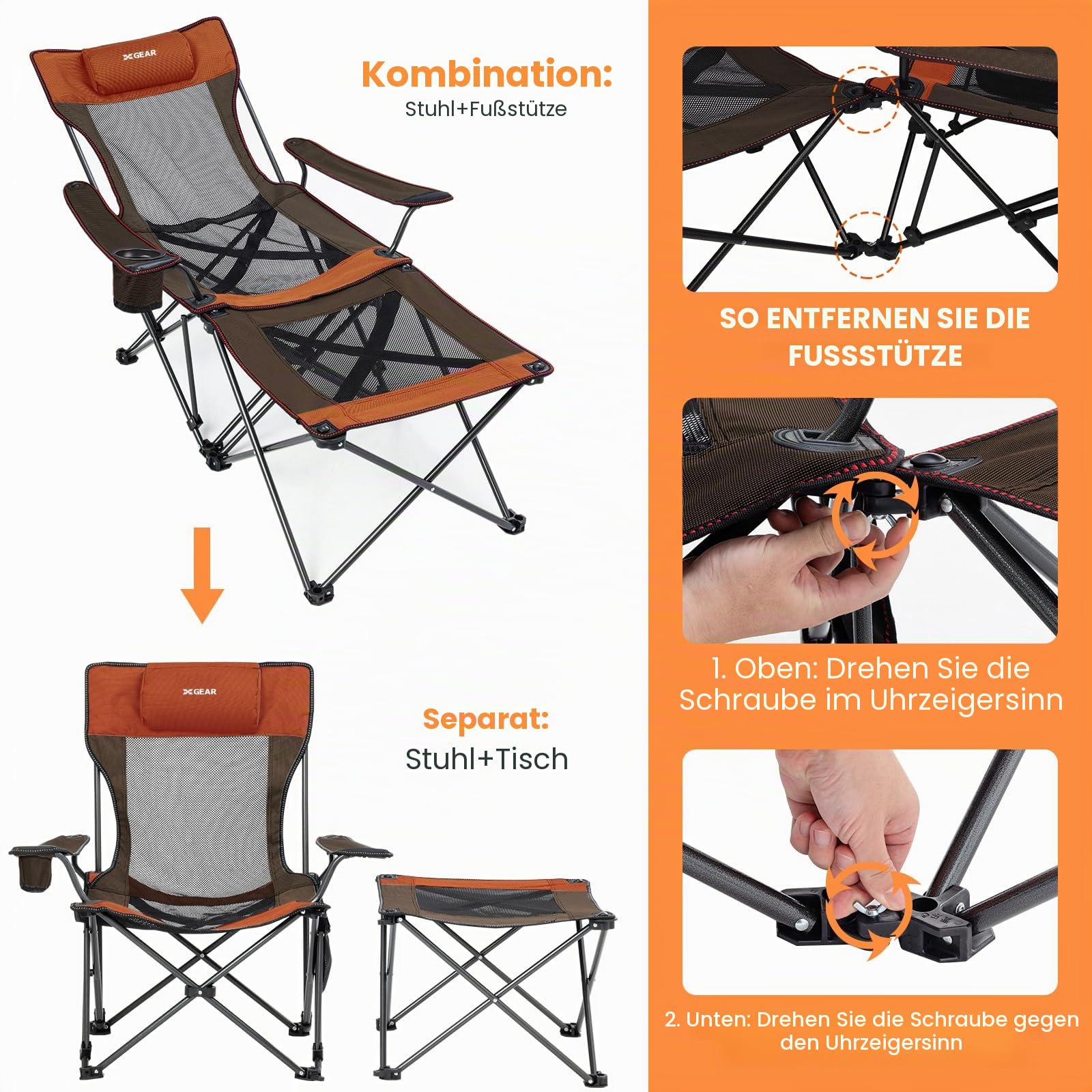 2in1 Faltbarer Liegestuhl mit Getränkehalter & Tragetasche für Camping | Sitz/Liege, verstellbare Lehne, Fußstütze abnehmbar, Getränkehalter, Tasche, Stahlrahmen, 136kg, für Strand Angeln Picknick