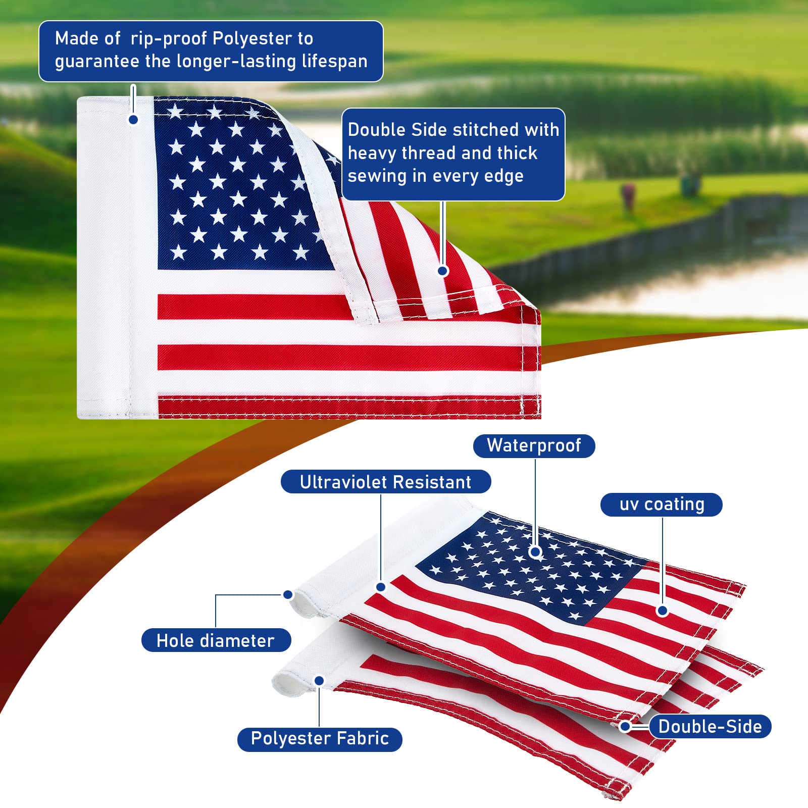 Moukeren 9 banderas de golf con tubo insertado de 20,3 x 15,2 cm de alto, de doble cara, estándar, para práctica, poner, banderas verdes de tubo, bandera americana, mini banderas de nailon 420D para