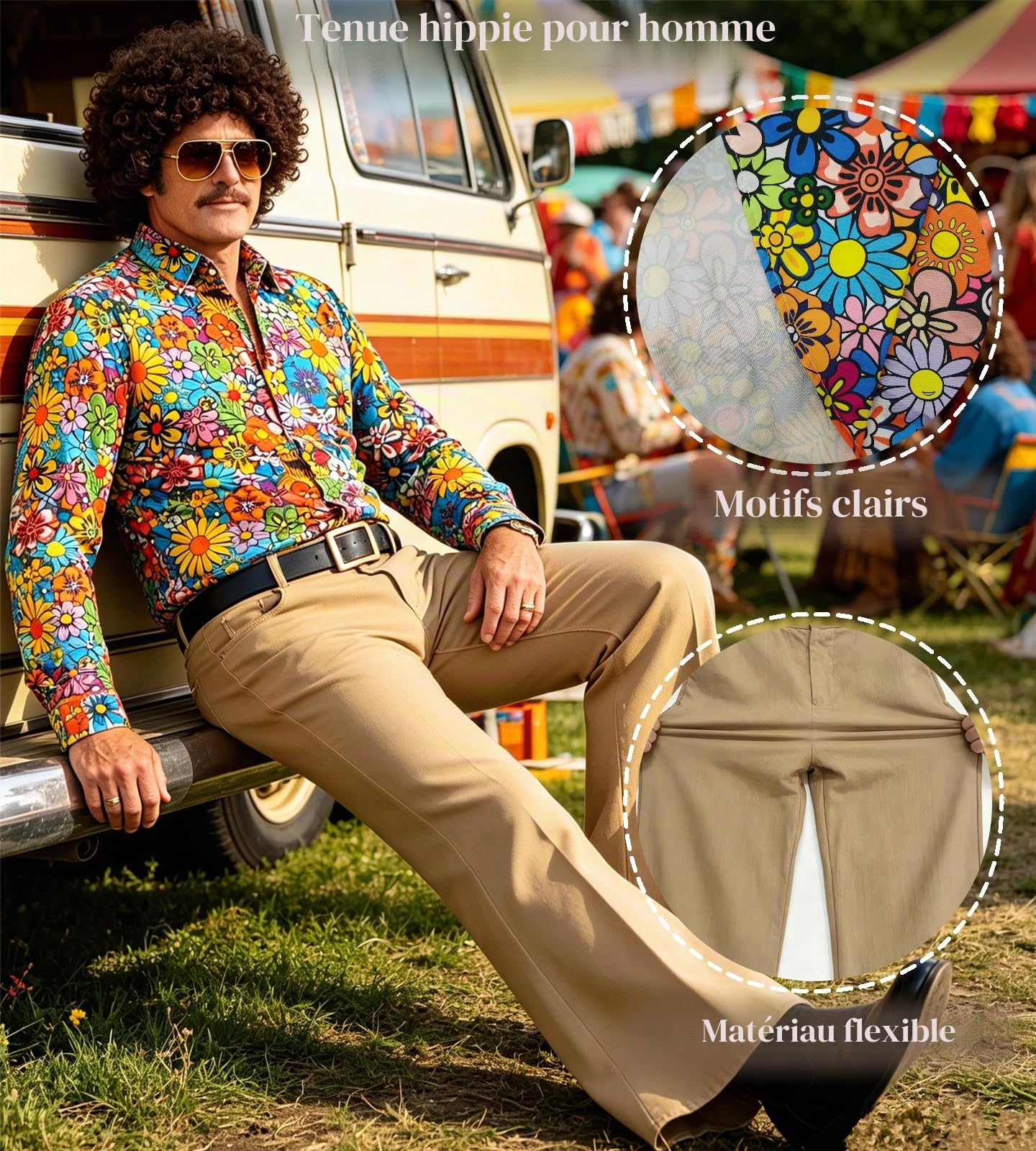 Ensemble de costume disco des années 70 - Hippie - Pour homme - Avec pantalon évasé - Chemise - Pour carnaval des années 50, 60, 70, cosplay, Halloween