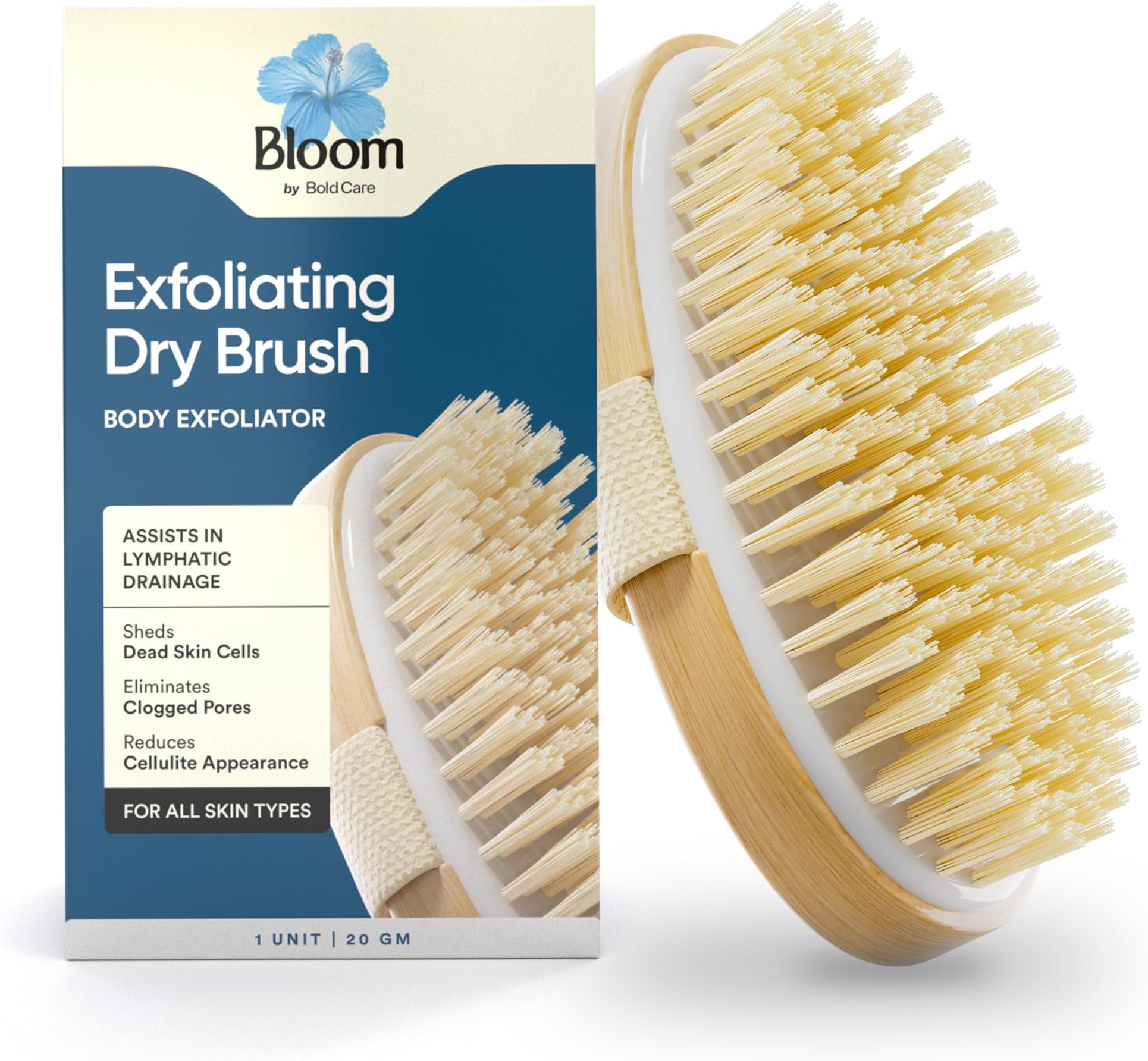 Bloom by Bold Care Exfoliating Oval Dry Bath Brush | For Lymphatic Drainage & Cellulite Appearance | Sheds Dead Skin Cells & Prevents Ingrown Hair | Wooden Bath Brush with Natural Bristles | (1 unit)