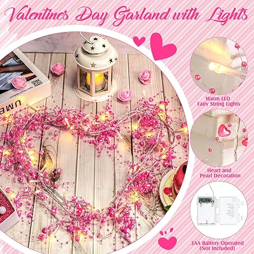 Miniatura 3 de Rossesay Guirnalda de 40 luces LED con forma de corazón para el día de San Valentín con corazones y cuentas, funciona con pilas, romántica