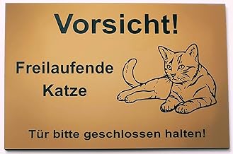 Warnschild Vorsicht Freilaufende Katze, Tür geschlossen halten, Schild Katzenschild Liegend Gold (15x10cm Selbstklebend)