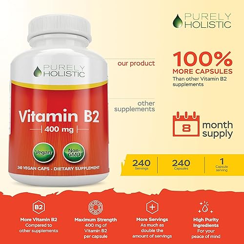 Miniatura 2 de Purely Holistic Vitamina B2 Riboflavina 400 mg - 240 cápsulas veganas, suministro para 8 meses - Vitaminas B2 de alta resistencia - Sin OMG y sin