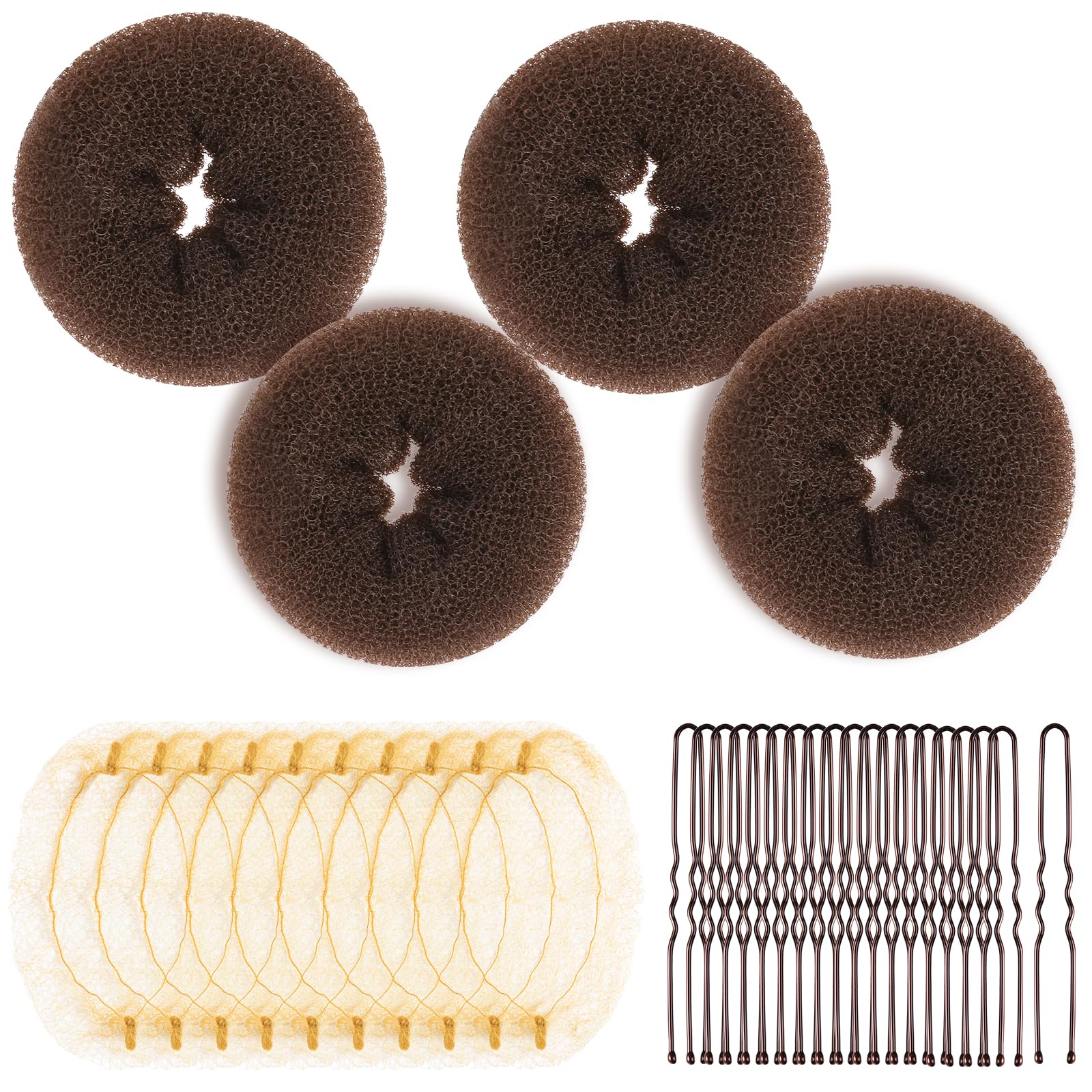 Teenitor Hair Bun Maker Kit and Hair Net, 4 Pcs Medium Hair Donuts For Buns, 10 Pcs Mesh Hair Nets Invisible, 10 Pcs U Shaped Hair Pins for Women, Ballet Bun Maker Set for Women Girls, Light Brown