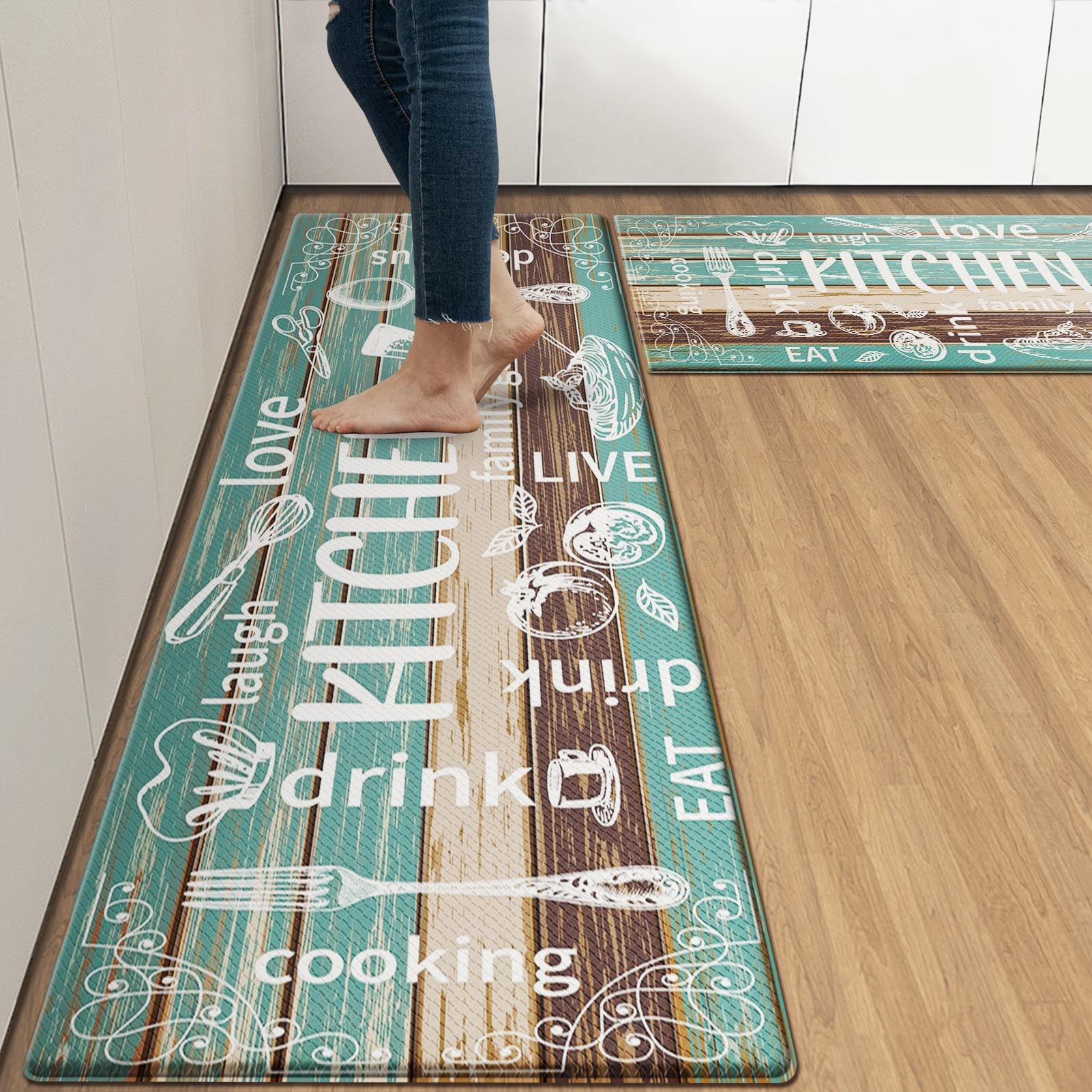 Arttown Anti-Fatigue Kitchen Rug Set of 2, Waterproof Non-Slip, Brown Teal โ image 1