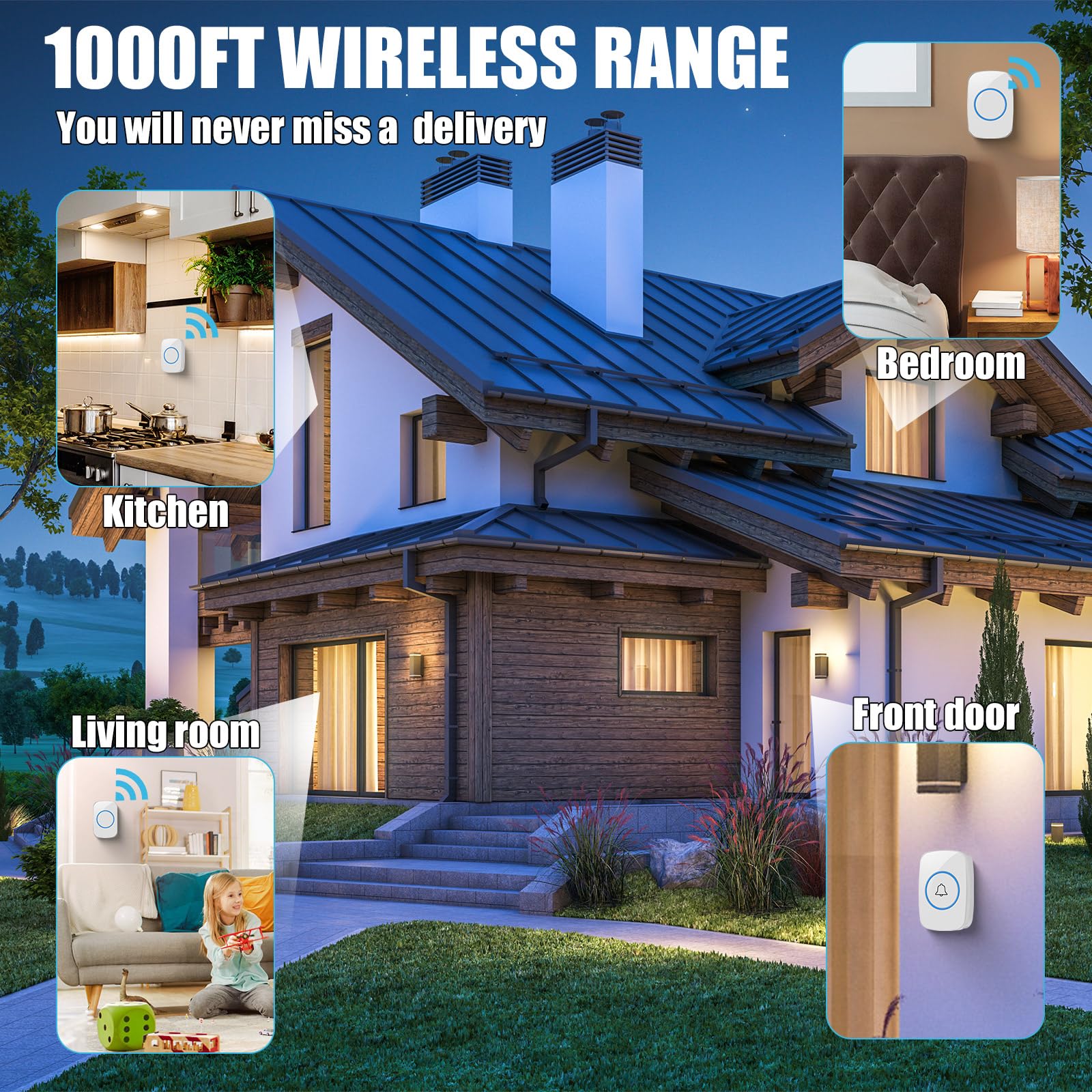 Kit campanello wireless impermeabile, 8 pezzi, 4 pezzi, con 4 ricevitori, portata 300 m, 5 livelli di volume con 60 campanelli e flash LED (bianco)