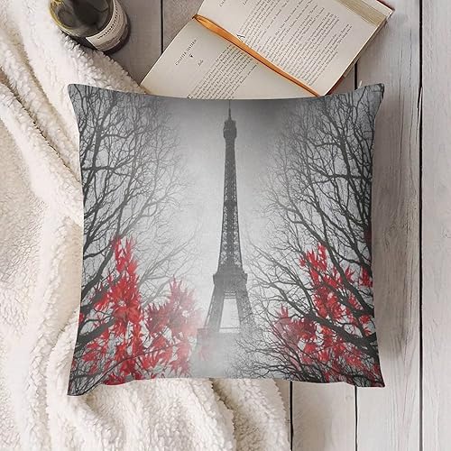 Miniatura 4 de Juego de 1 fundas de cojín de felpa para sofá, Torre Eiffel París, hoja roja y blanca, 26 x 26 pulgadas