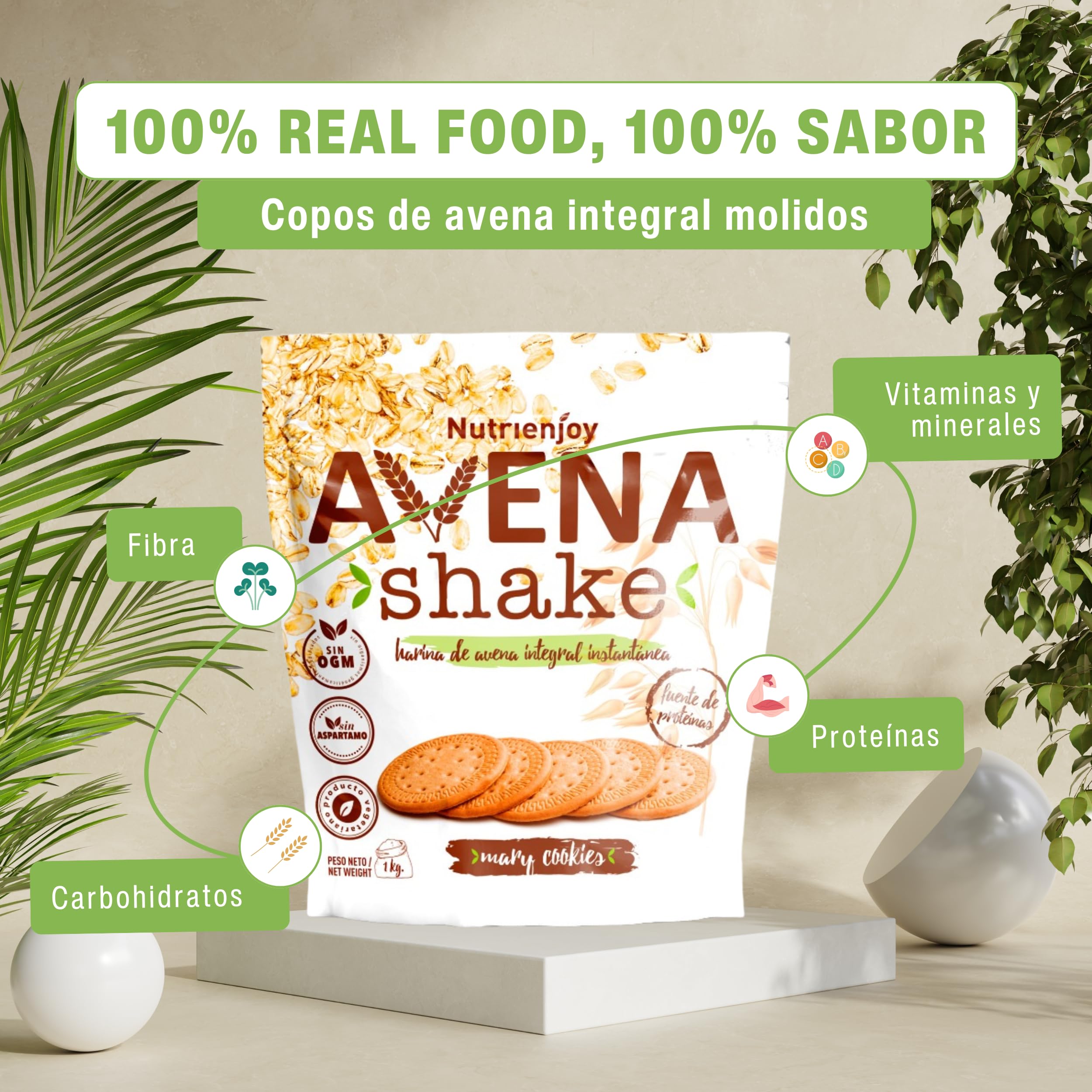 NutriEnjoy - Avena Shake 1Kg | Copos de Avena Integral Molidos | Harina de Avena Sabores | Avena en Polvo | Harina de Avena Integral | Avena Instantánea Sabores Deliciosos (Mary Cookies) - 2