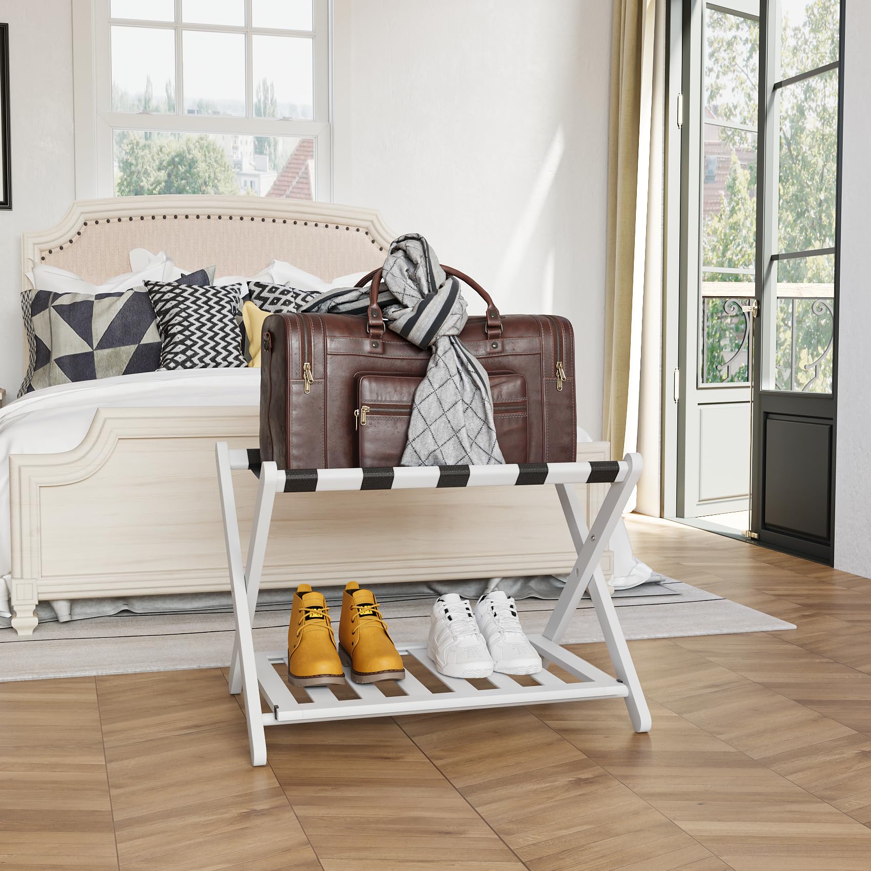 Semiocthome Fully Assembled White Luggage Rack, Folding Bamboo Suitcase Stand with Storage Shelf, 5 Nylon Straps Large Luggage Stand, Heavy Duty, For Guest Room, Hotel