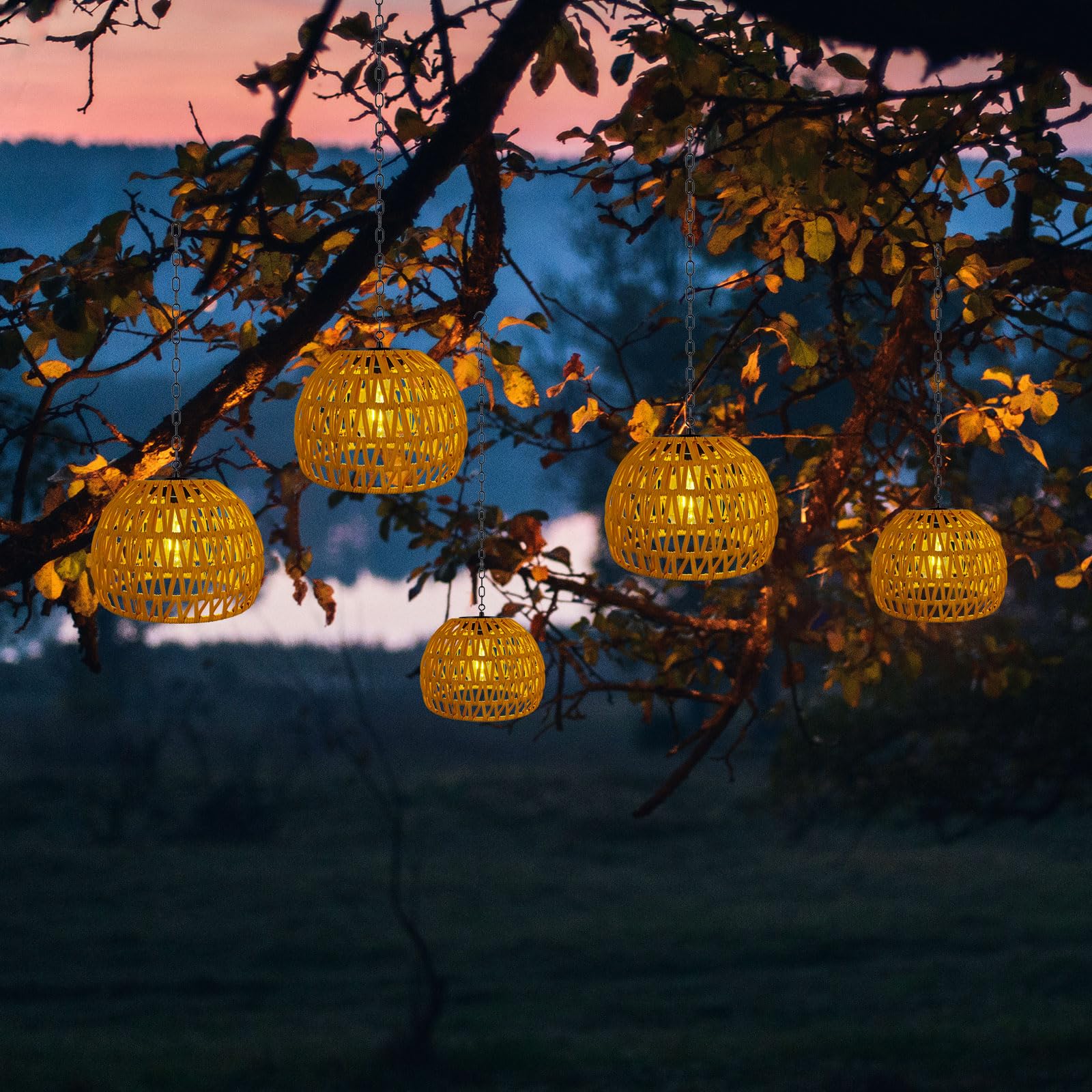 Livinlarge Solar-Hängeleuchte für den Außenbereich, Rattan-Pendelleuchte, Pavillon-Lichter, wasserdicht, für Pavillon, Pergola, Veranda, Terrasse, Balkon, Baum, Außendekor-Beleuchtung