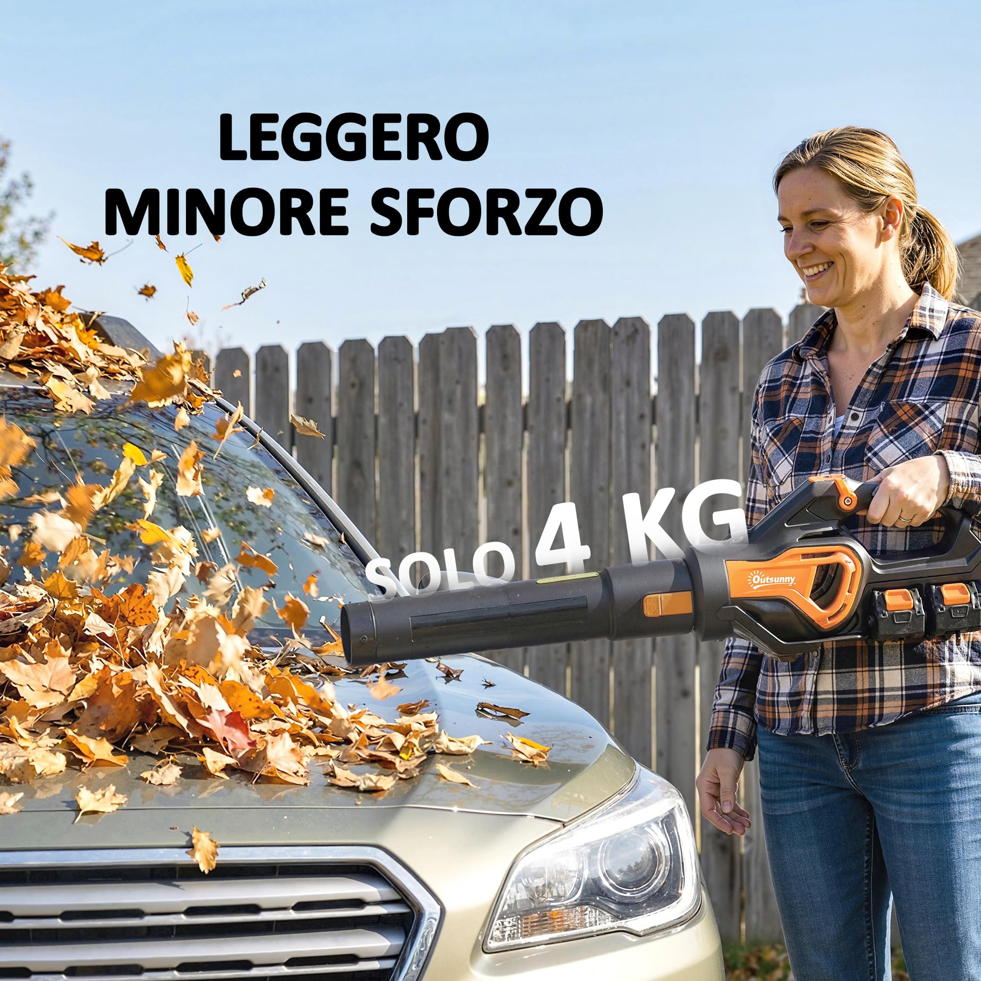 Outsunny Soffiatore a Batteria 20V, Soffiatore Foglie con 2 Batteria 4Ah, Motore Brushless 900W, 3 Livelli Velocità 162.7 km/h, Turbo Boost, Caricabatterie, Leggero, per Giardino Foglie Neve Polvere