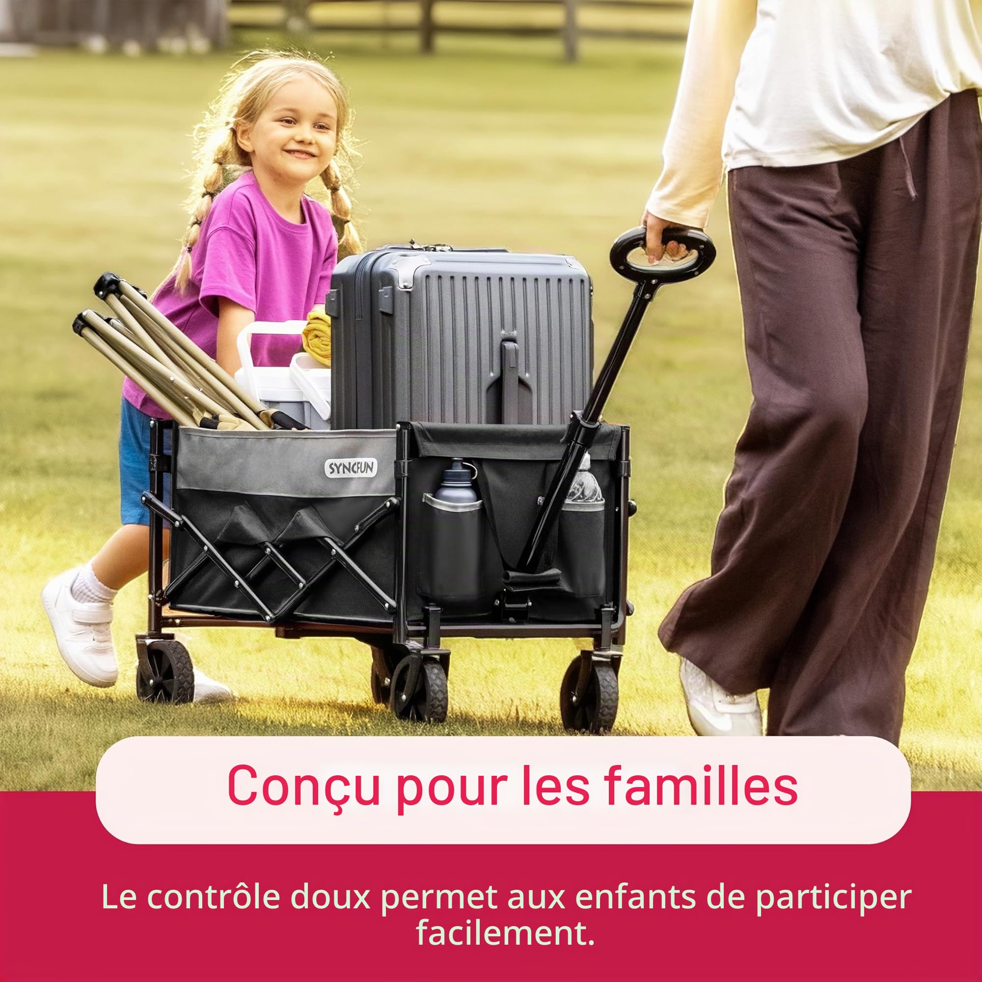 SYNCFUM Chariot de chariot pliable avec roues, robuste, 250 kg, avec poignée flexible, chariot utilitaire de plage pour jardin, camping et noir