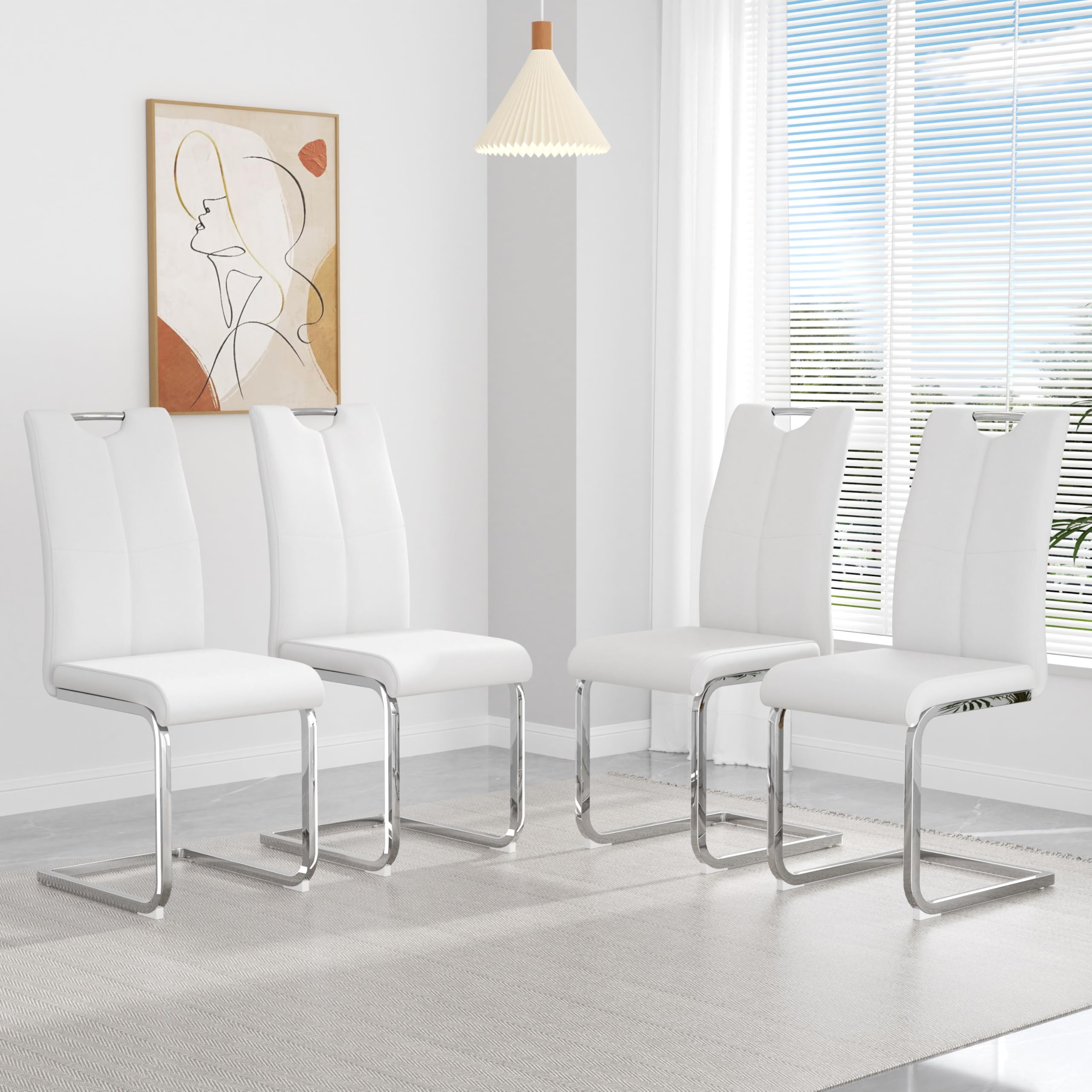 yeag Modern Dining Chairs Set of 4, Kitchen & Kitchen Room Chairs, with Silver Metal Chrome Legs and Upholstered PU Faux Leather Seat, Modern High
