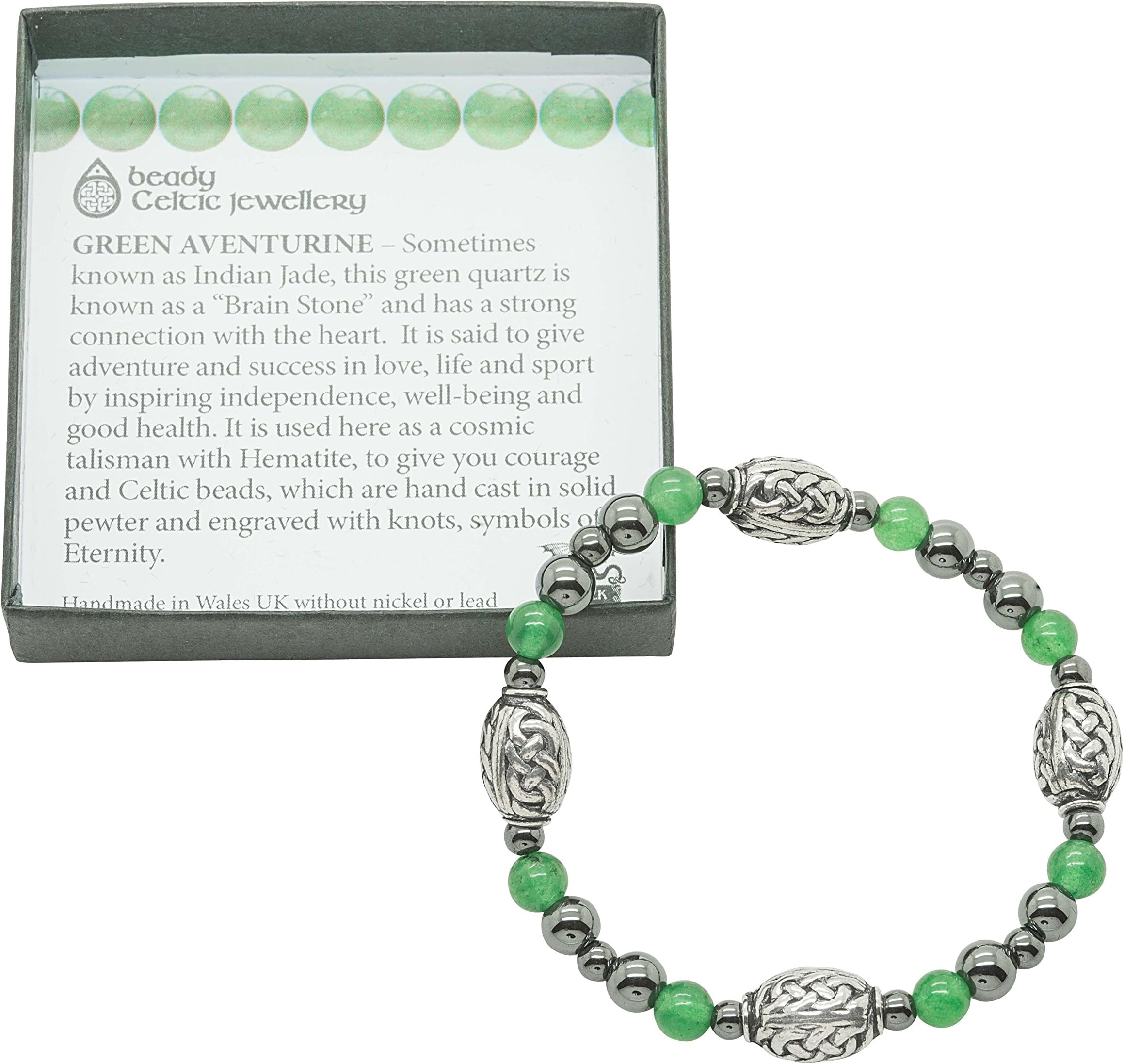 Boxed Beady Celtic bracelet with gorgeous green aventurine gembeads