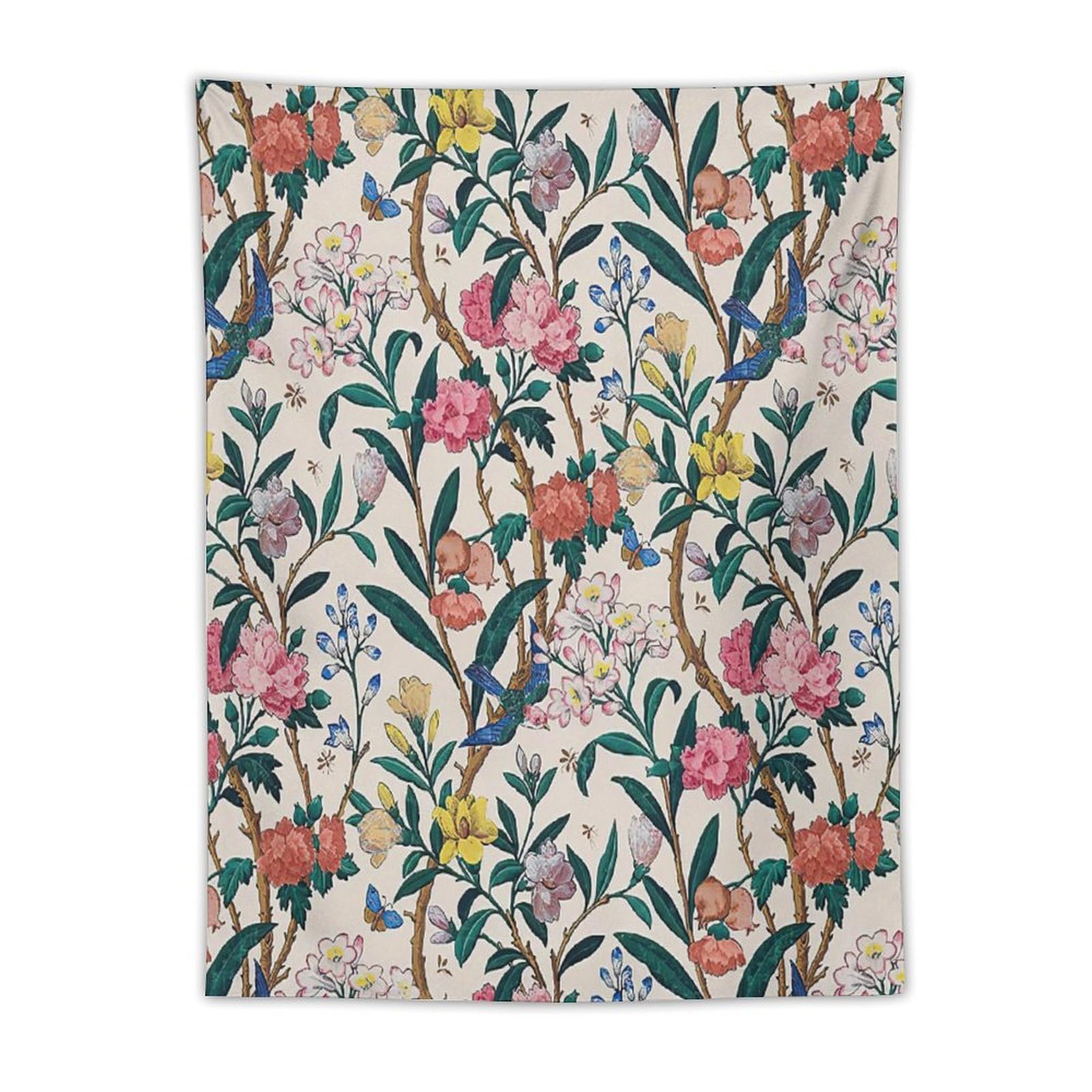 William Morris Vintage Floral Tapestry Wall Hanging,Birds Butterflies and Bees Botanical Flower Pattern Modern Wall Art Decor,Retro Floral Home