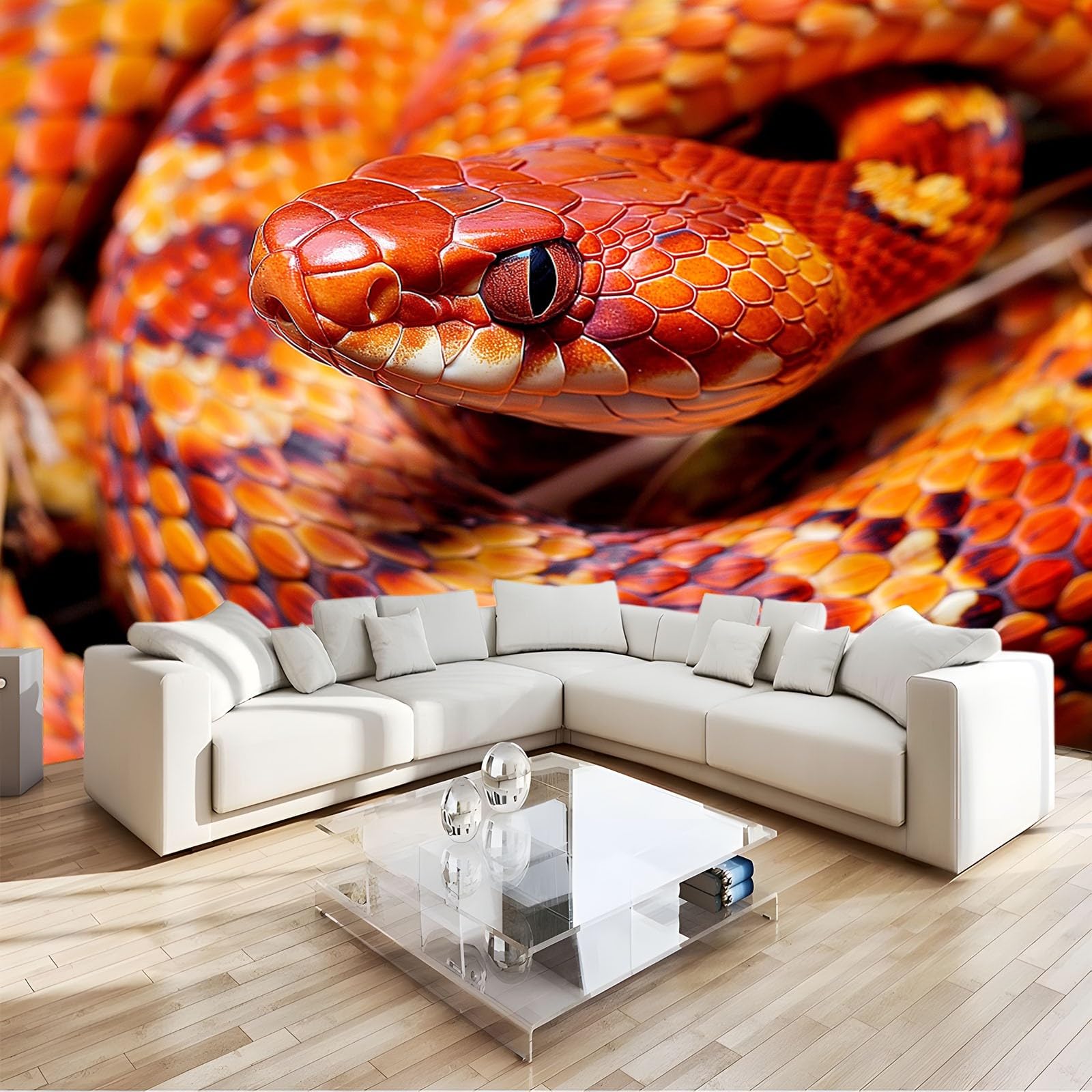 Papier peint panoramique serpent orange pour cacher grand mur