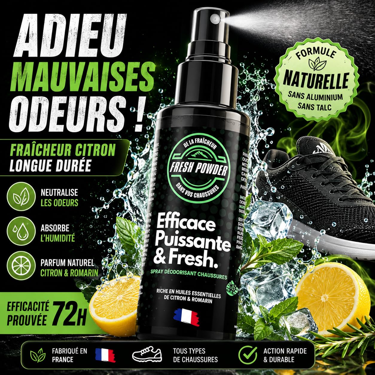 Desoladora de zapatos – Limón – Desodorante baloncesto elimina los olores – Neutraliza la humedad – Polvo natural – Larga duración de acción – Fabricado en Francia por Fresh Powder (120 ml (paquete de