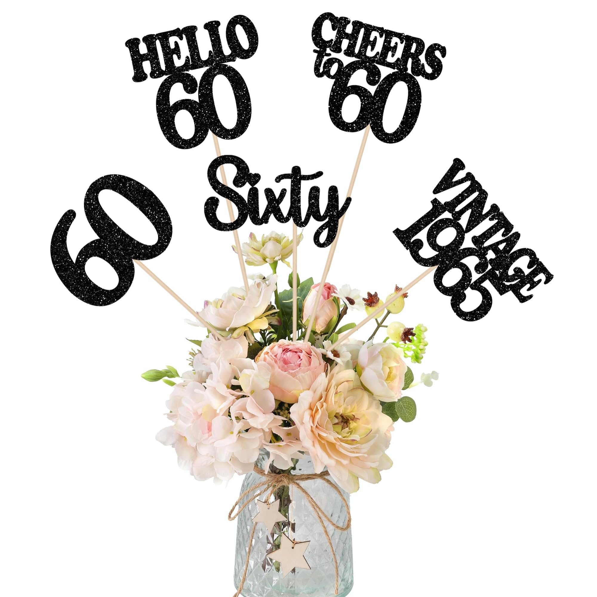 15PCS Happy 60th Birthday Centerpiece Sticks Hello 60 Vintage 1965 Table Flower Centerpieces Sticks Sixty Cheers to 60 Floral Decoration for 60th Birthday Party Centerpieces Supplies Black