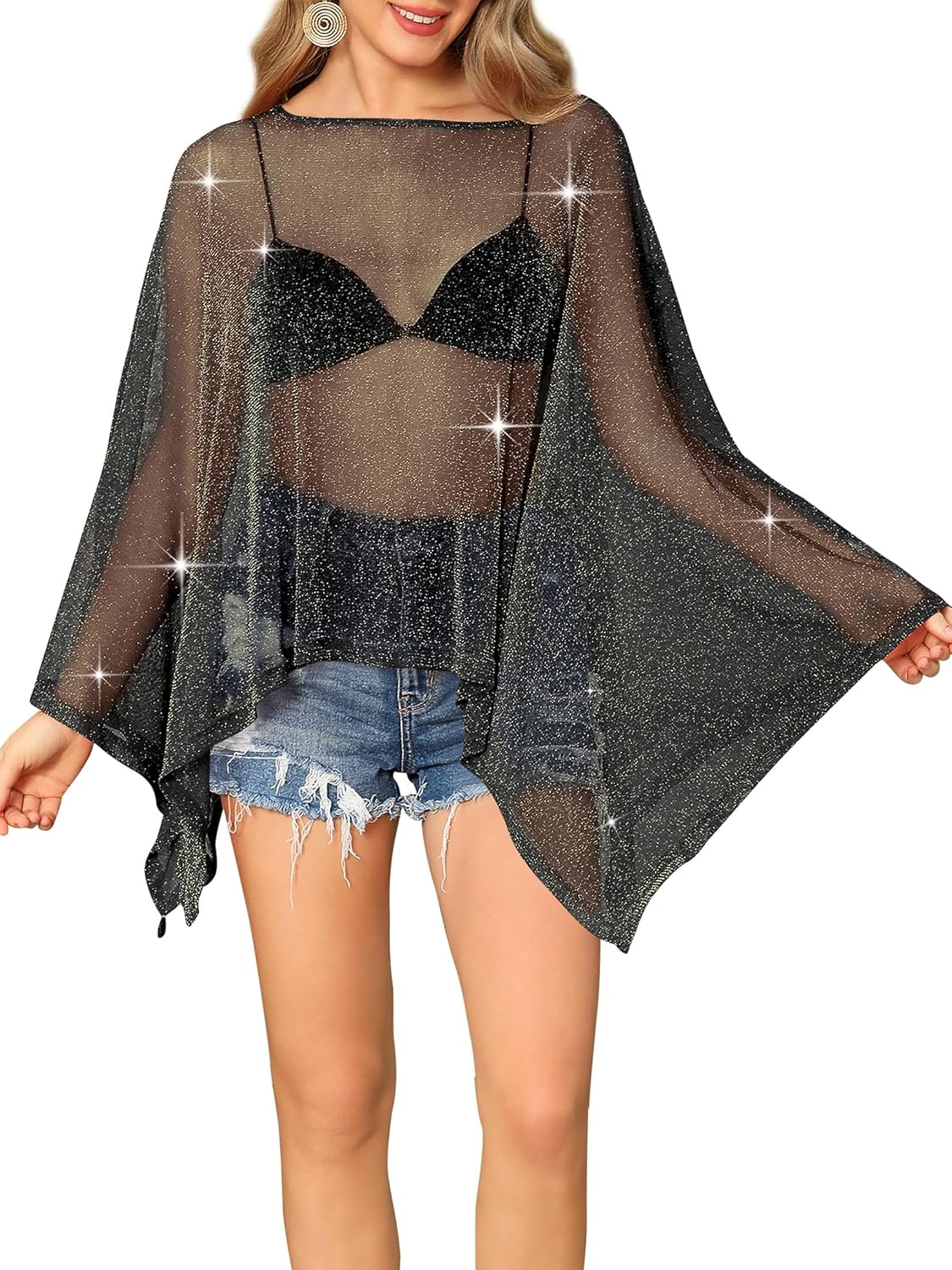 Womens Sparkly Sheer Poncho Top Glitter Mesh See Through Poncho Shawl Batwing Sleeve Asymmetrical Cape Tops Party Club Outfit