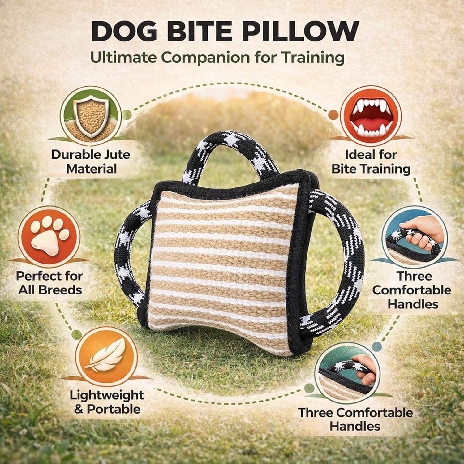 Dog Biting Pad Pillow with 3 Strong Handles, Jute Training Tear Dog Bite Tug Toy Black, Durable Interactive Chew Toy for Large Dogs - Tough Tug - of - War Play, Canine Exercise