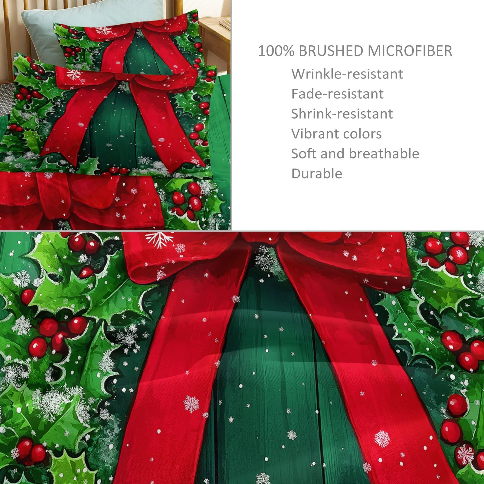 Pościel 200 x 220 cm, 3-częściowa, prezent na Boże Narodzenie, roślina, poszewka na kołdrę z poszewką na poduszkę 80 x 80 cm, miękka, przytulna, z mikrofibry, zielona, dwustronna pościel z