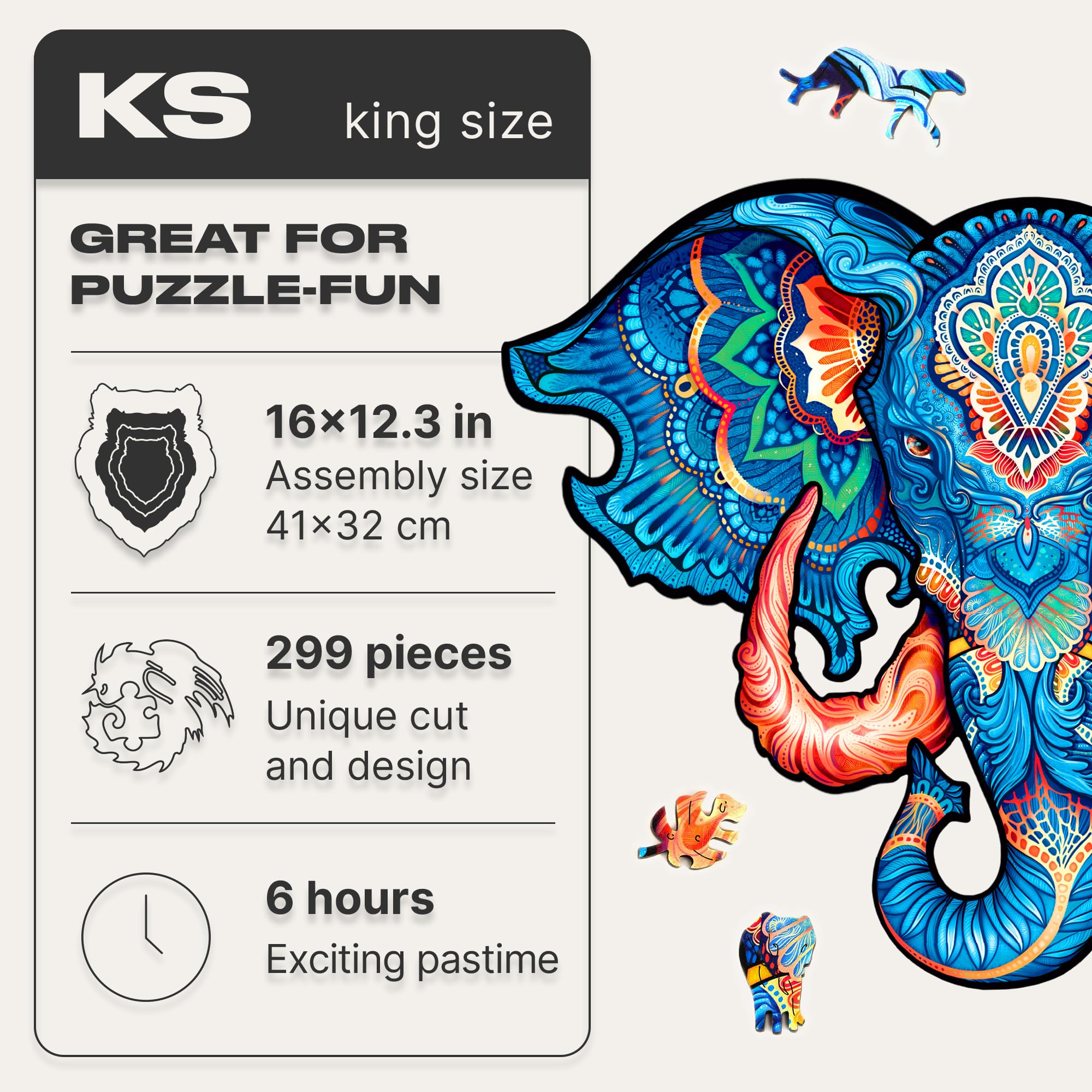UNIDRAGON Original Wooden Puzzle – Eternal Elephant, 299 Pieces, Large Size 41 x 32 cm, Beautiful Gift Packaging, Unique Shape Best Gift for Adults