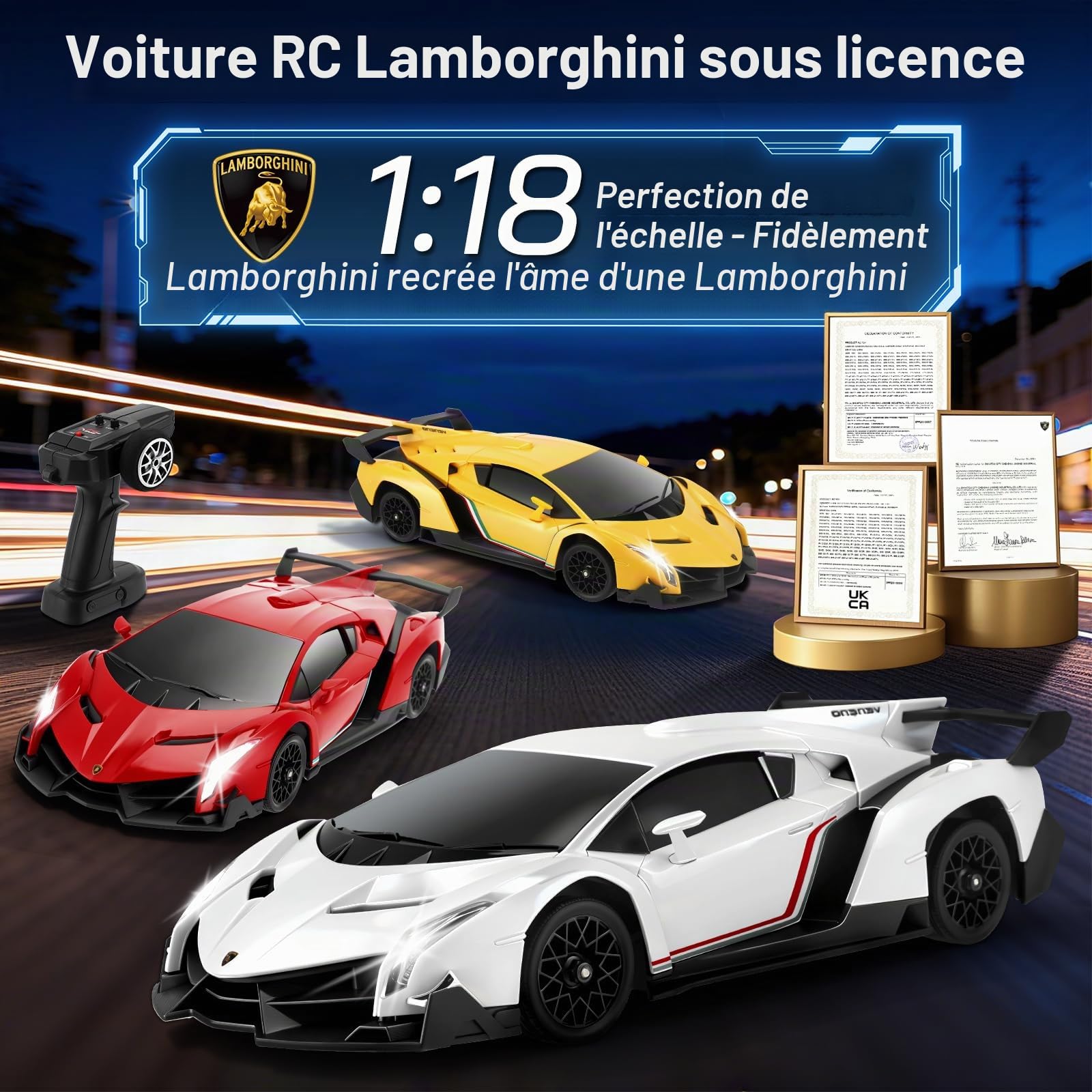 Voiture Télécommandée Drift, 2.4 GHz 1:18 Lamborghini RC Drift Car avec LED, 35 KM/H 4WD Voiture Télécommandée Tout Terrain pour Garcons et Filles 5 6 7 8 9 10 Ans (Blanche)