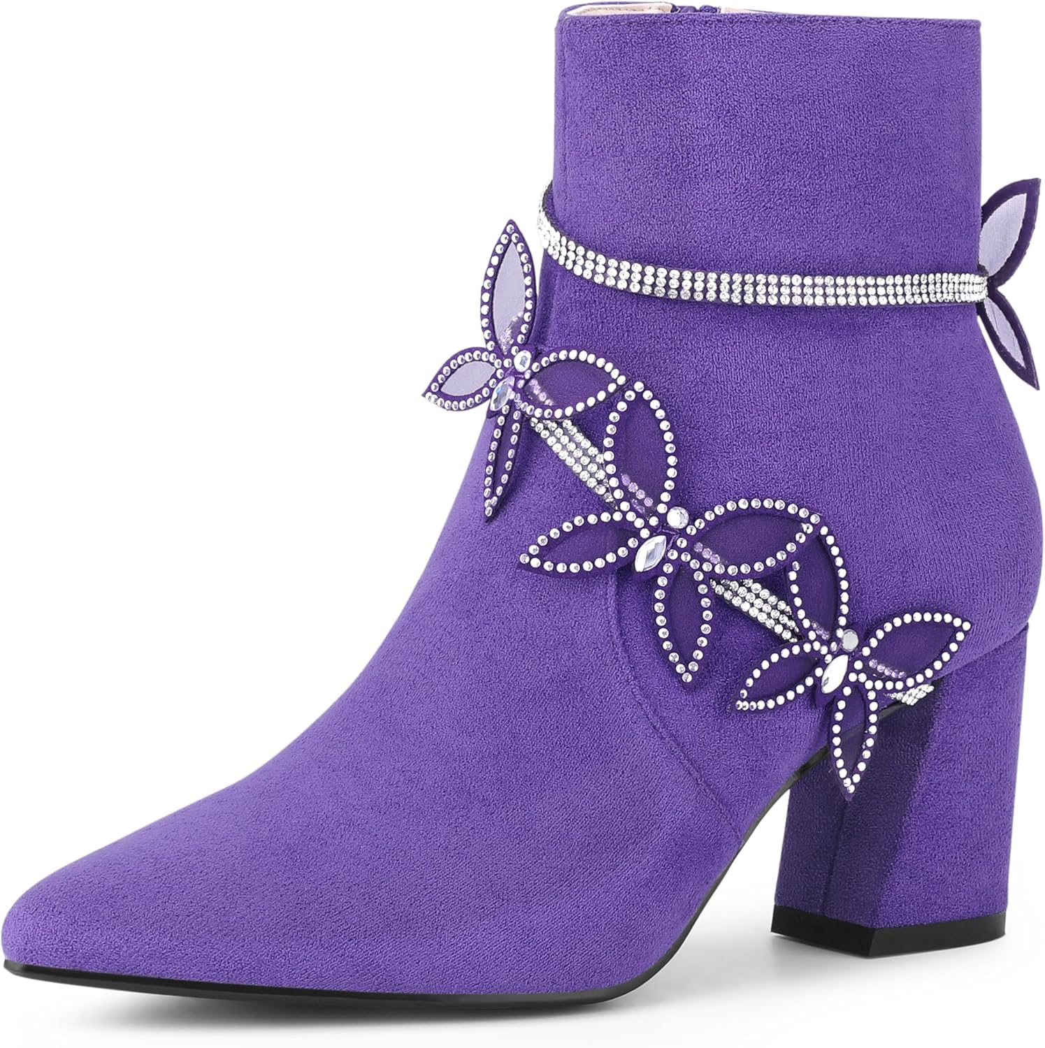 Perphy Butterfly Rhinestone Strap Chunky Heels Ankle Boots for Women