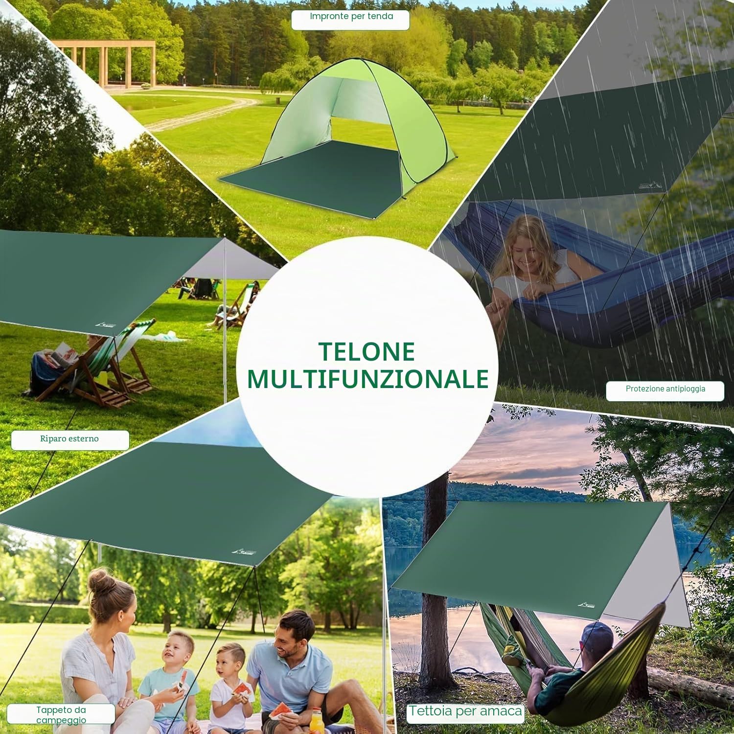 WADEO Kit Telo Copertura con Pali, [3x3M] Impermeabile e Resistente, Protezione UV, Telo da Sole e Pioggia per Shelter, Ideale per Campeggio, Picnic, Spiaggia, Festival, Giardino