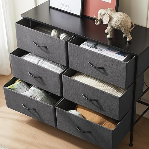 Vista 108 de DUMOS Cómoda para dormitorio, 4 cajones, organizador de cofres altos de tela, muebles de torre con marco de metal superior de madera para sala