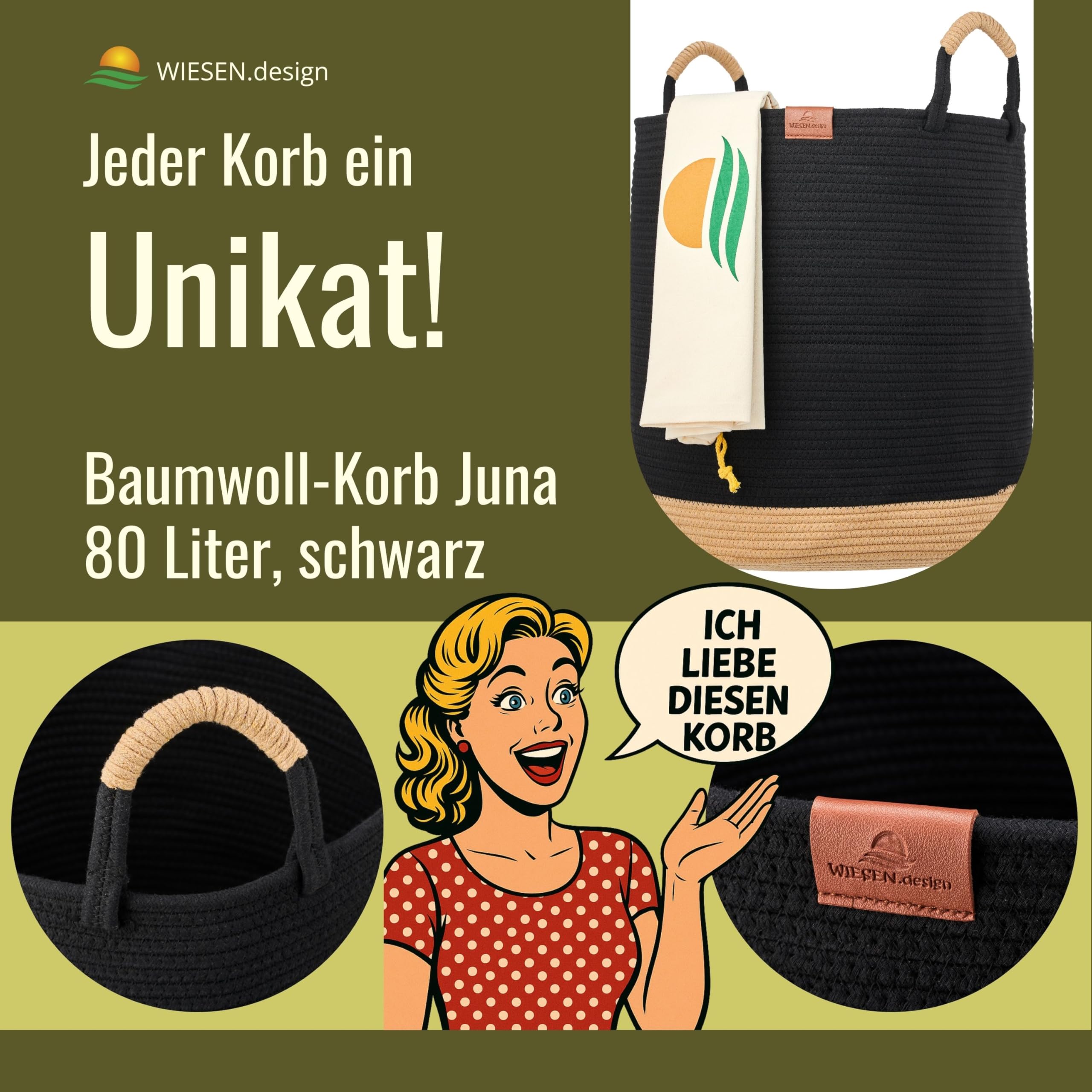 Großer Wäschekorb geflochten - Juna 80L Ø46x48 cm Schwarz - runder Aufbewahrungskorb aus 100% Baumwollseil, Aufbewahrungskorb geflochten, Wäschekorb Stoff