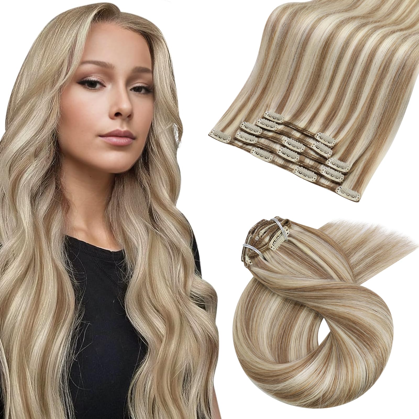 Moresoo Human Hair Extensions Clip in Real Hair Ash Blonde with Bleached Blonde Clip in Hair Extensions Remy Human Mid-length Hair Layered Add Volume 14 Inch 5pcs/80g #P18/613 — view 24
