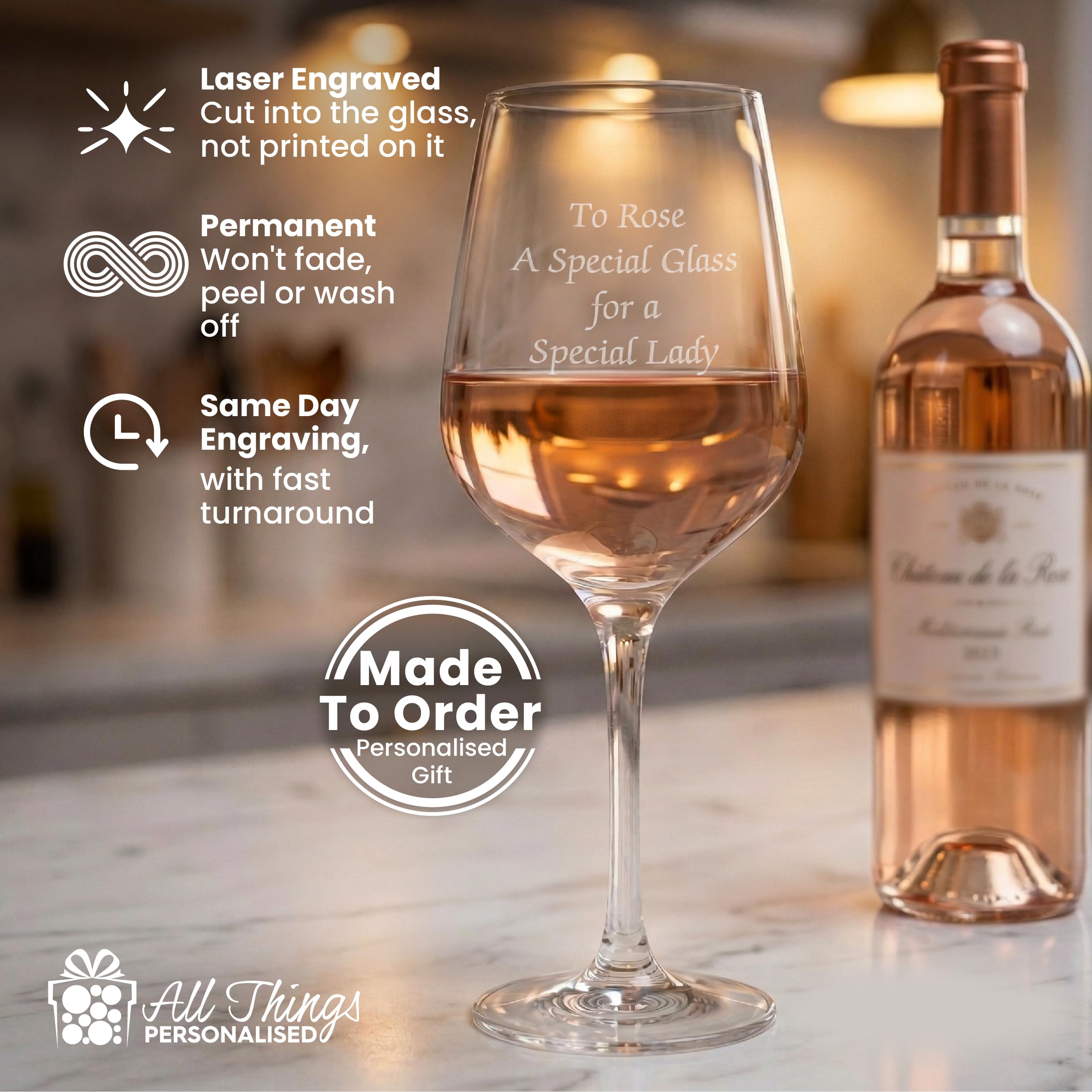 All Things Personalised Calice Vino Personalizzato 450ml - Bicchiere Vino per Compleanno, Matrimonio e Altro - Personalizzabile con Nome e Messaggio - Confezione Regalo, Incisione al Laser