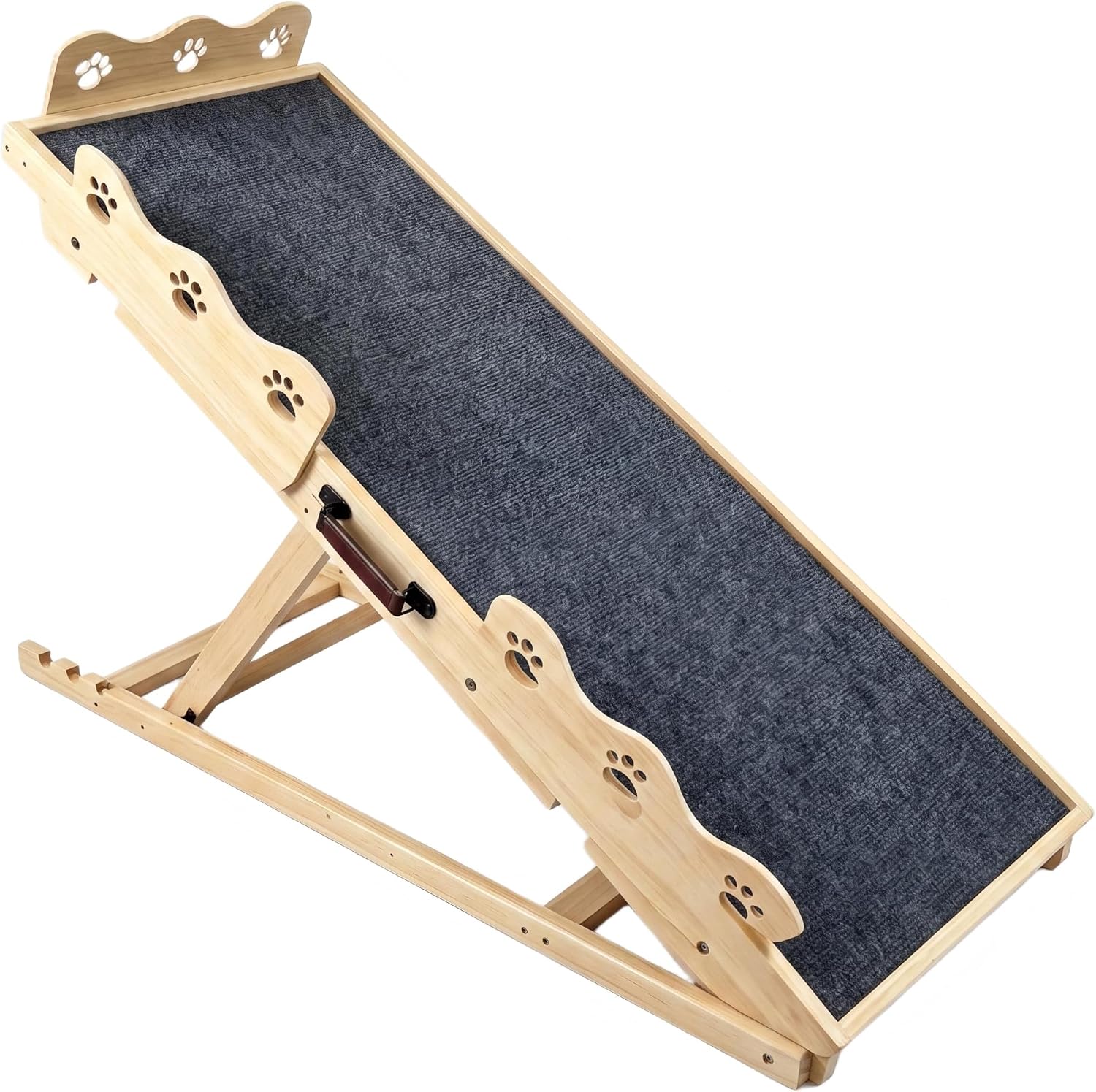 Dog Ramp for Bed, Adjustable Pet Ramp with Anti-Slip Rubber Mat & Safety Side Rails, Folding Wooden Dog Stairs for Couch Sofa Car, 5 Height Settings 11.4″-25.6″, Supports Up to 250lbs