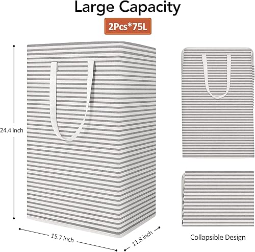 Miniatura 3 de WISELIFE Paquete de 2 cestas de lavandería plegables grandes de 75 litros con asas de fácil transporte, cesta de almacenamiento impermeable para