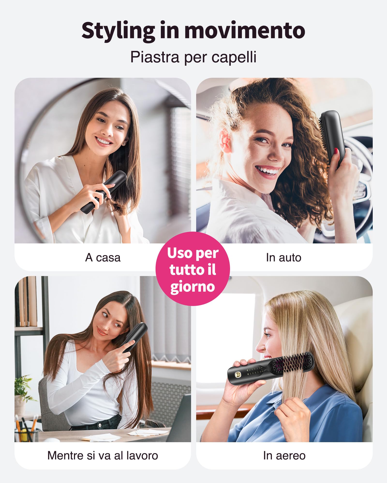 Bopcal Spazzola Lisciante per Capelli 10000mAh - 3 in 1 Spazzola Lisciante Senza Fili 300 Milioni di Ioni, Riscaldata 30S, Ceramica antiscottatura, Viaggio, Portatile e Powerbank