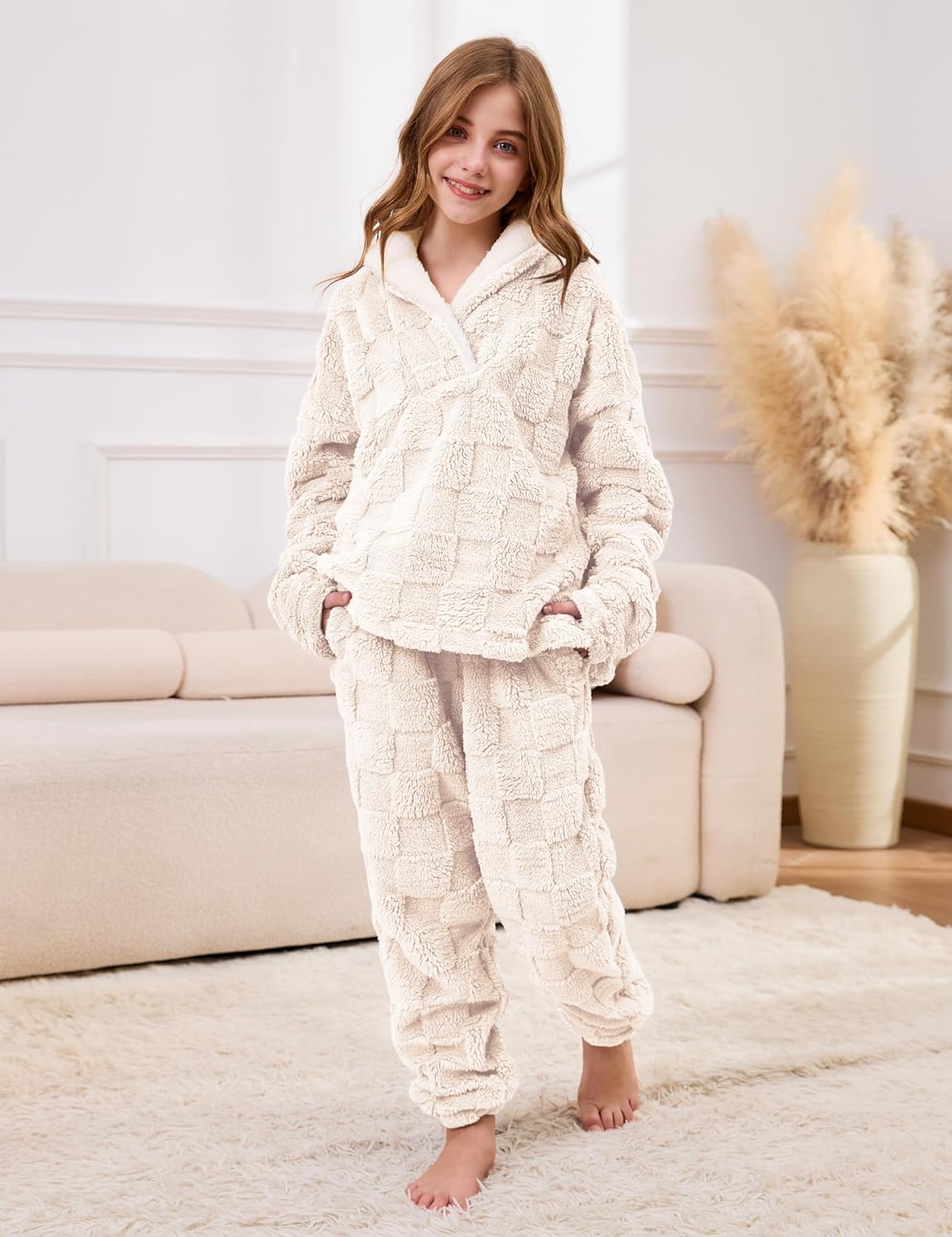 AMEBELLE Girls 2 Piece Outfits Pants Set Fuzzy V-Neck Pullover Sweatshirt Elastic Waist Fleece Pants Clothing Sets Sweatsuit - Image 3