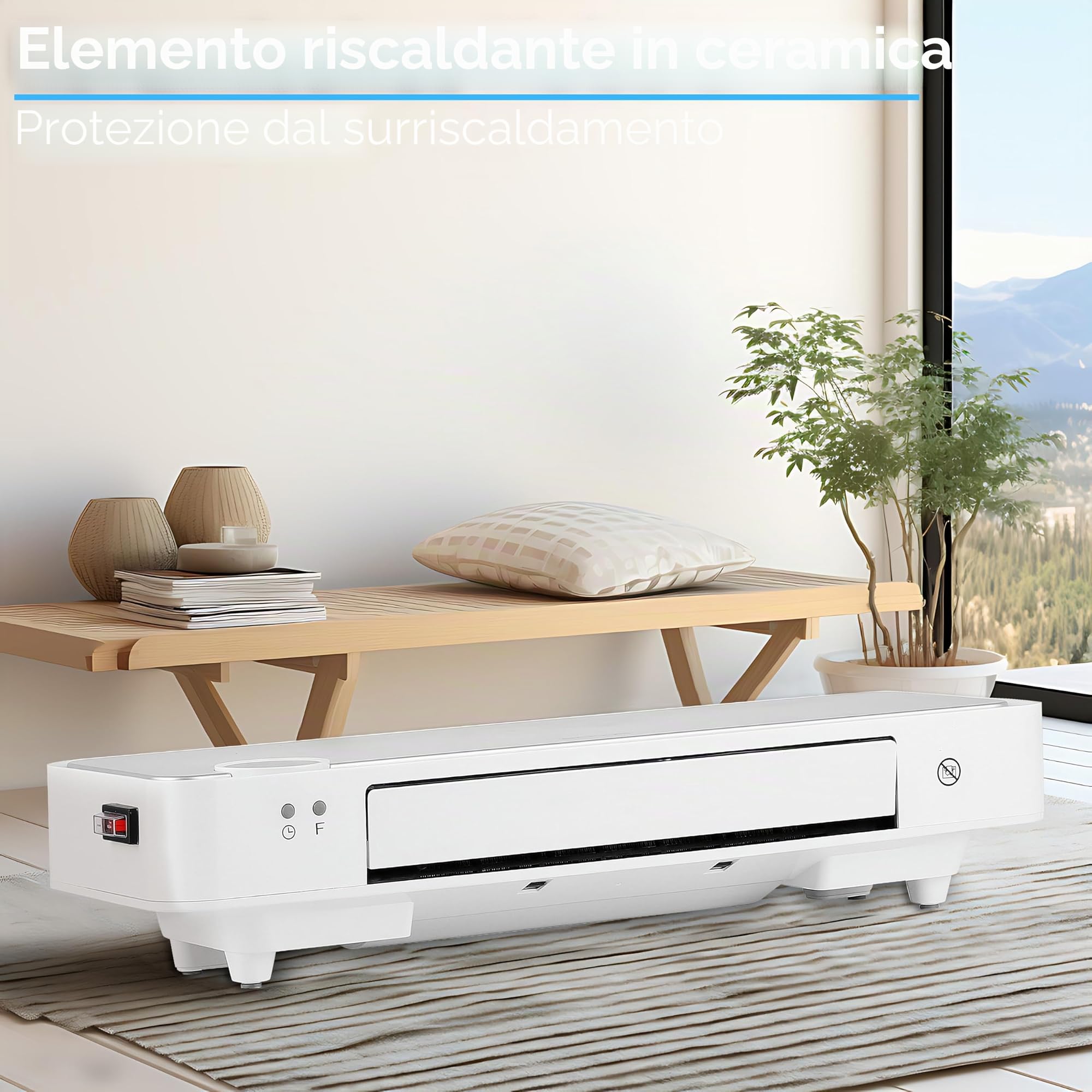 Echos Termoventilatore da Parete | Timer 12h | 2000 Watt | A risparmio energetico | Telecomando | Elemento riscaldante in ceramica | Mini riscaldatore | 2 livelli di potenza | Riscaldatore a raggi |