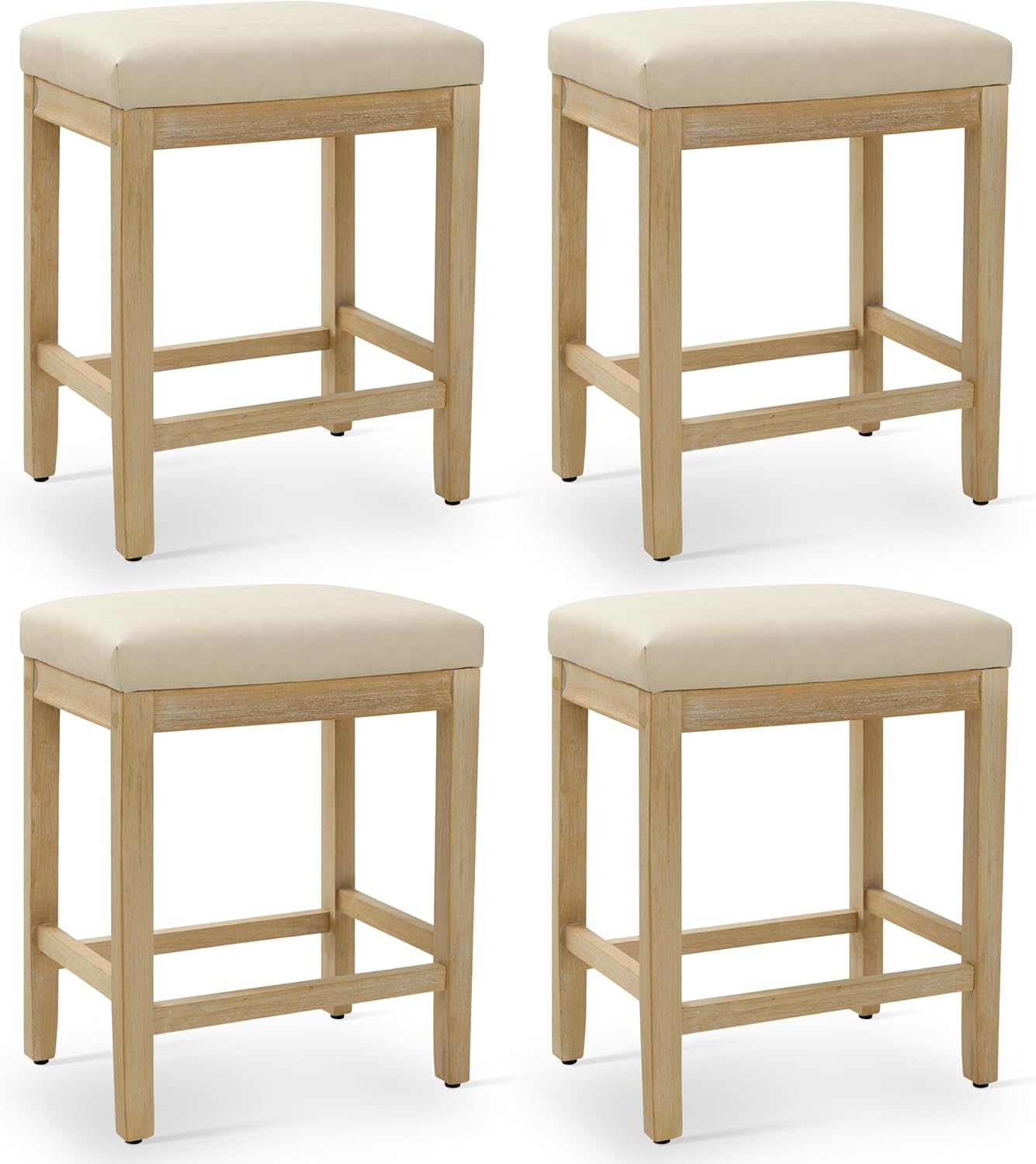 RNKSFX Counter Height Bar Stools Set of 4 for Kitchen Counter Farmhouse Modern Backless Barstools with Faux Leather Upholstered Seat and Solid Wood Legs 24 inch Bar Chairs, Khaki + Wood Color