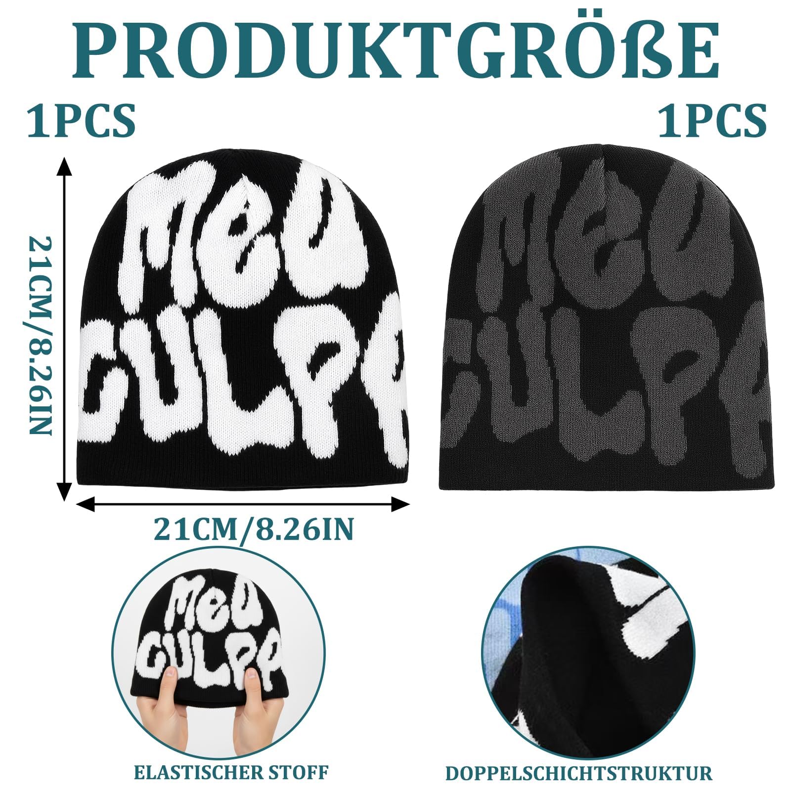 2 pezzi Y2K Beanie, berretto alla moda, MEA Culpa, berretto caldo per attività all'aperto e streetwear, accessorio streetwear, nero e grigio