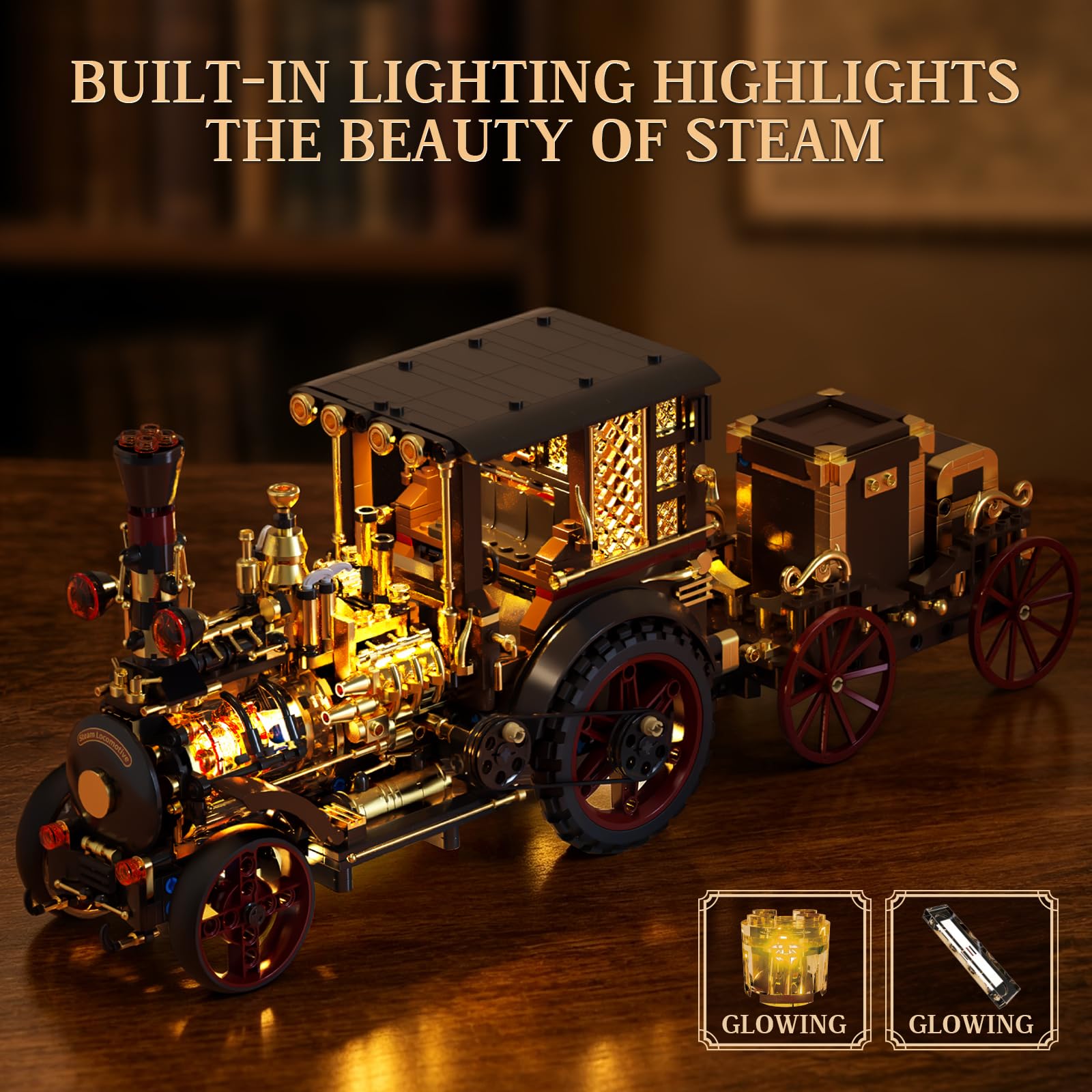 Vziimo Retro Dampfauto Bausteine für Erwachsene, MOC Oldtimer Bausatz mit Beleuchtung, Steampunk Fahrzeug Modellbausatz, Sammel und Ausstellungsgeschenke für Liebhaber antiker Fahrzeuge (1331 Teile)