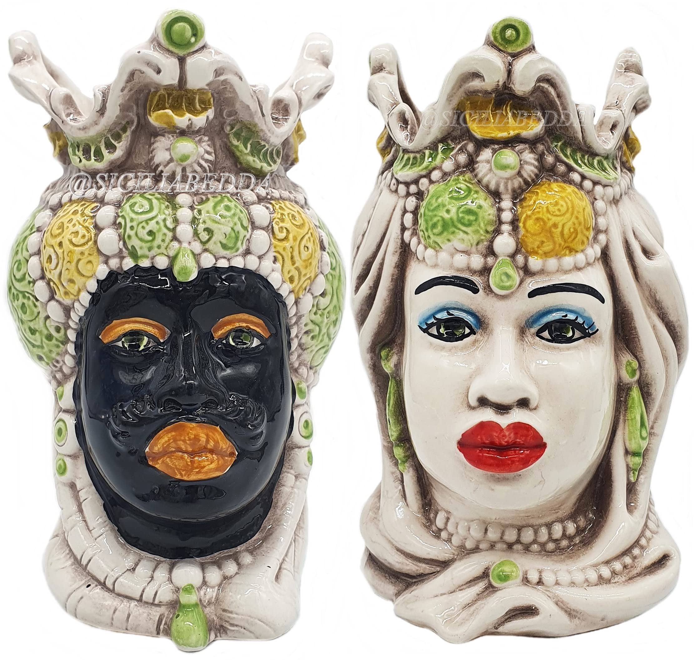 sicilia bedda - Coppia Teste di Moro Siciliane in Ceramica di Caltagirone - Realizzato Interamente a Mano - H 13 Centimetri (Giallo e Verde)
