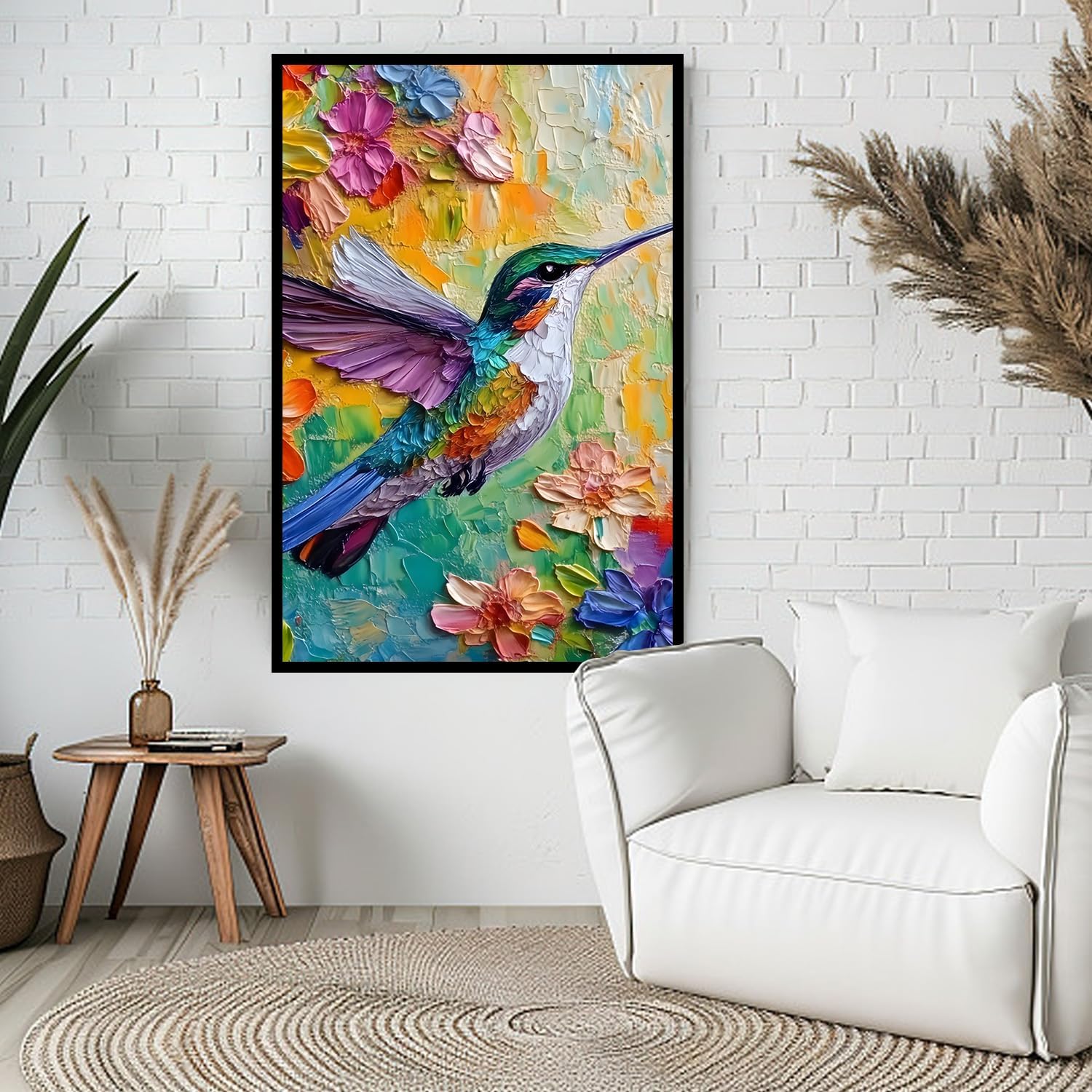 2D No Texture Colorful Painting Hummingbird Canvas Wall Art, Spring Flower Wall Decor, Humming Bird Picture for Wall Living Room Bathroom Bedroom Home Decoration 16*24 in (Stretched Canvas on A Wooden Frame)