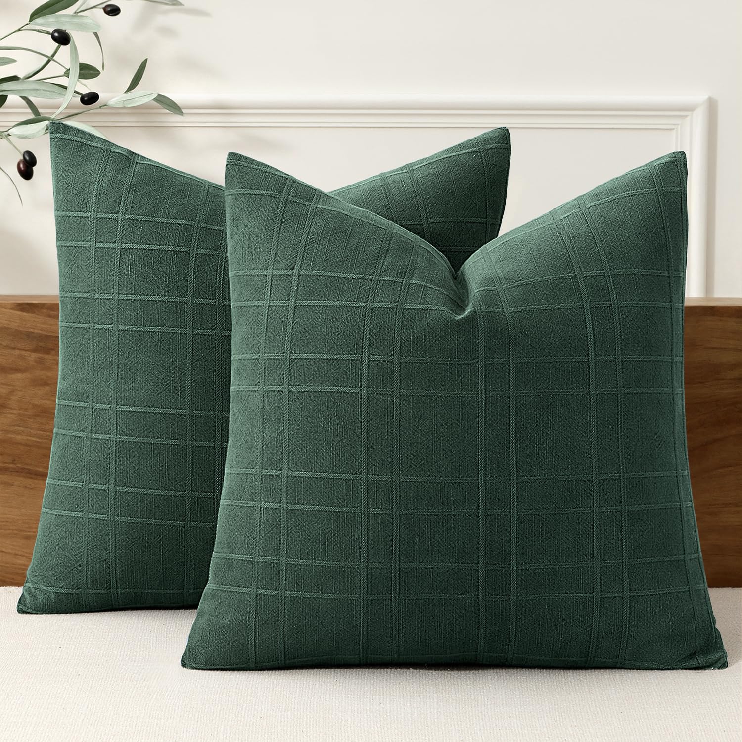 MIULEE Linen Plaid Pillow Covers Christmas Decorative 18x18 Dark Green