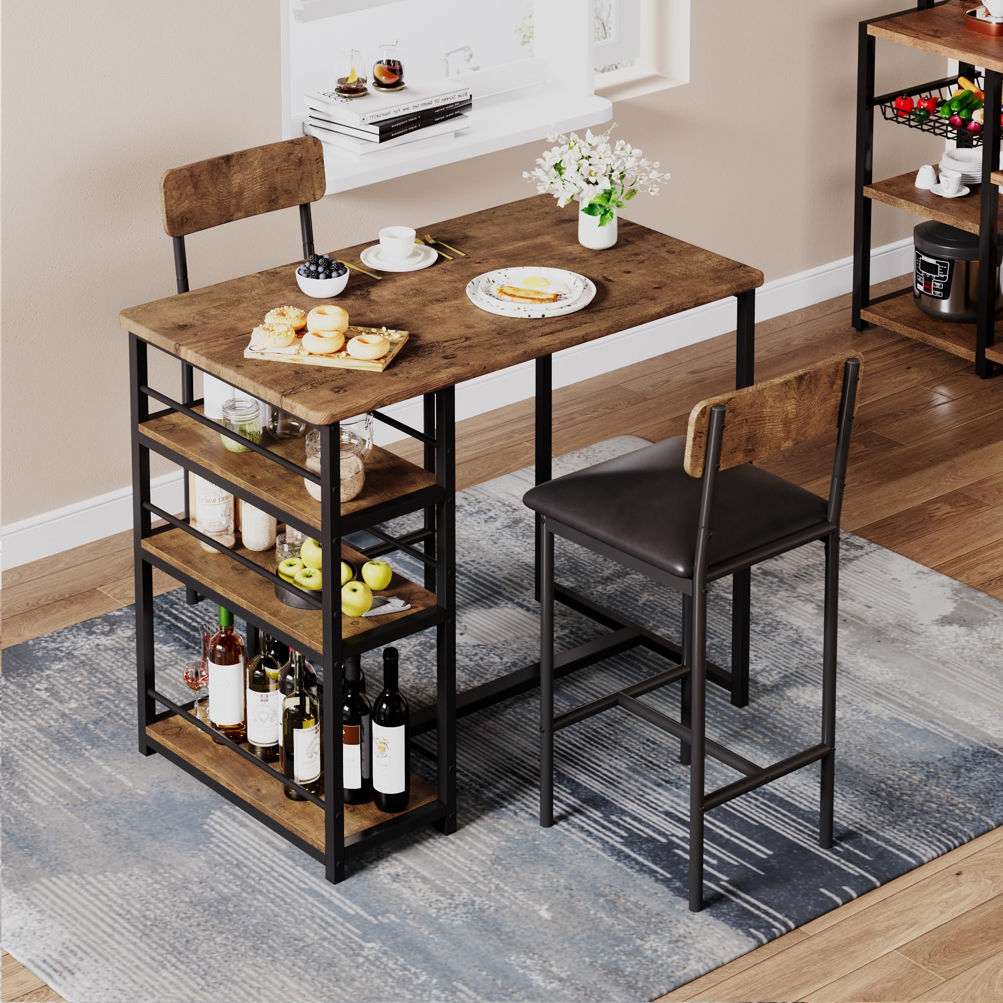 3-Teilig Bartisch Mit Barhocker Set, Esstisch Mit 3 Ablagen & 2 Gepolsterten Barhockern Mit Rückenlehne, Industrieller Stehtisch, Küchentisch Sitzgruppe Für Esszimmer Küche Wohnzimmer