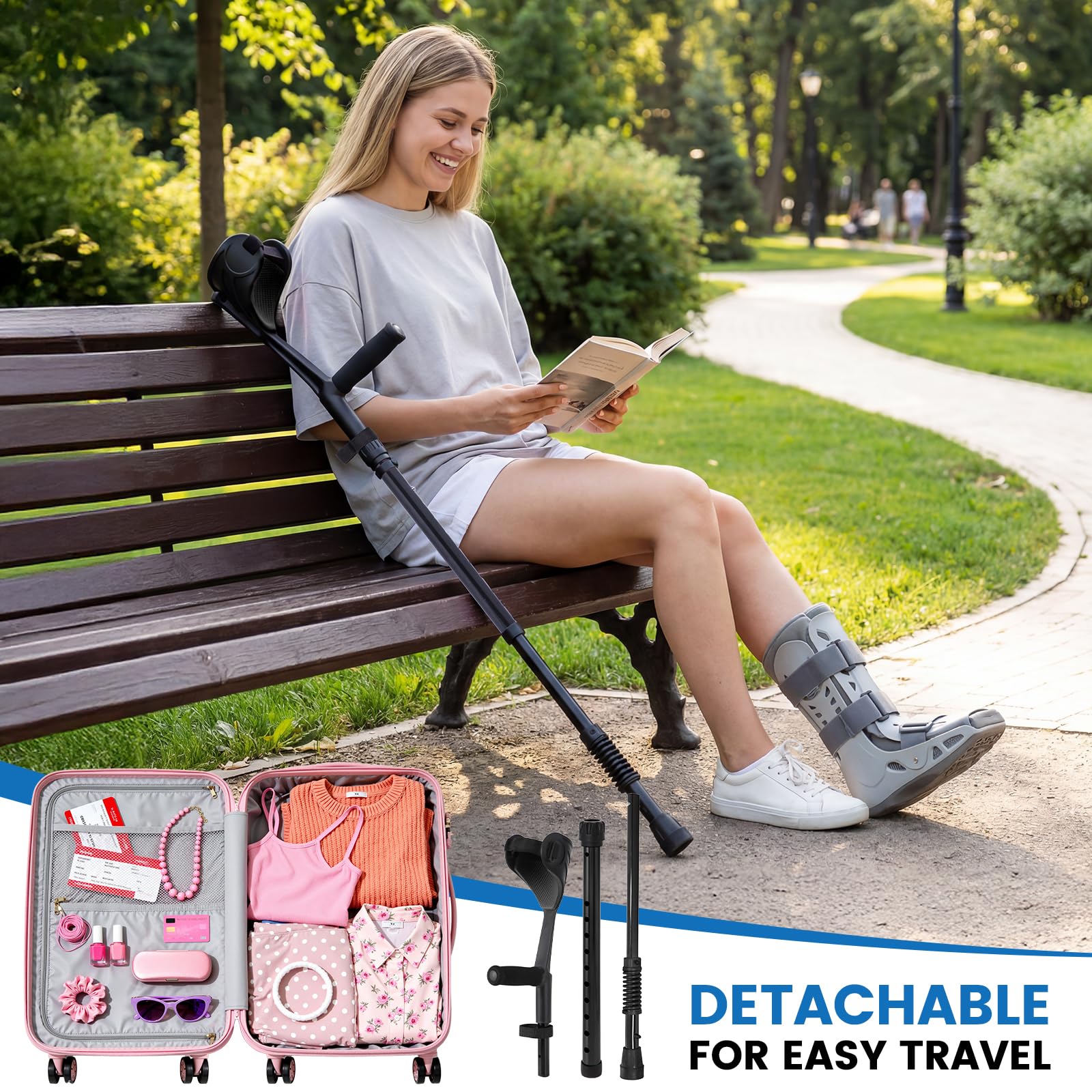 Muletas ergonómicas para antebrazo, muletas de asistencia de resorte para adultos, cómodas y ajustables en altura, antebrazo con base antideslizante, muletas para caminar con puños, no un par