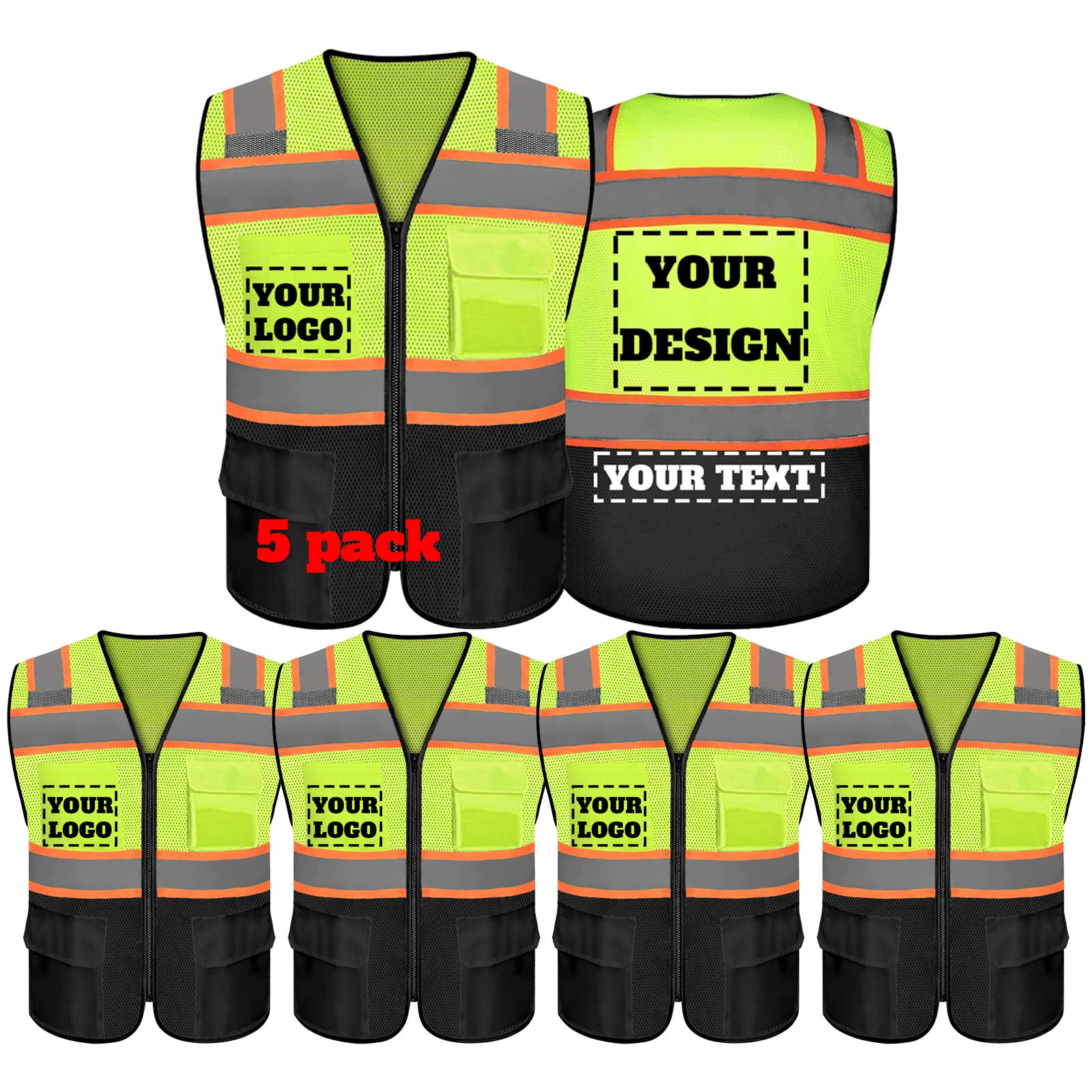 evershare Safety Vest Reflective High Visibility with 5 Pockets ＆Zipper Class 2 Adult Unisex Construction Security Workwear